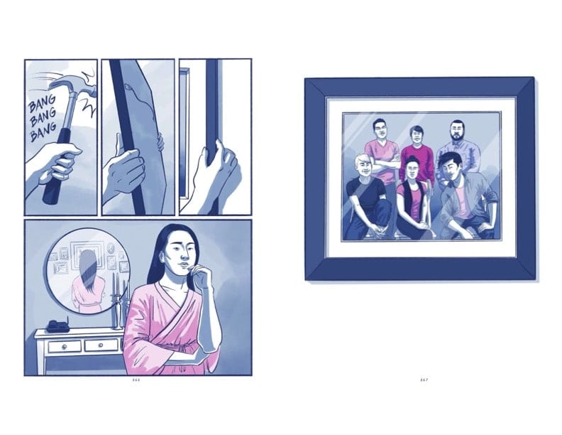 Pages 366 and 367 of "Gaysians"; the character K hangs up a photo of her group of friends.