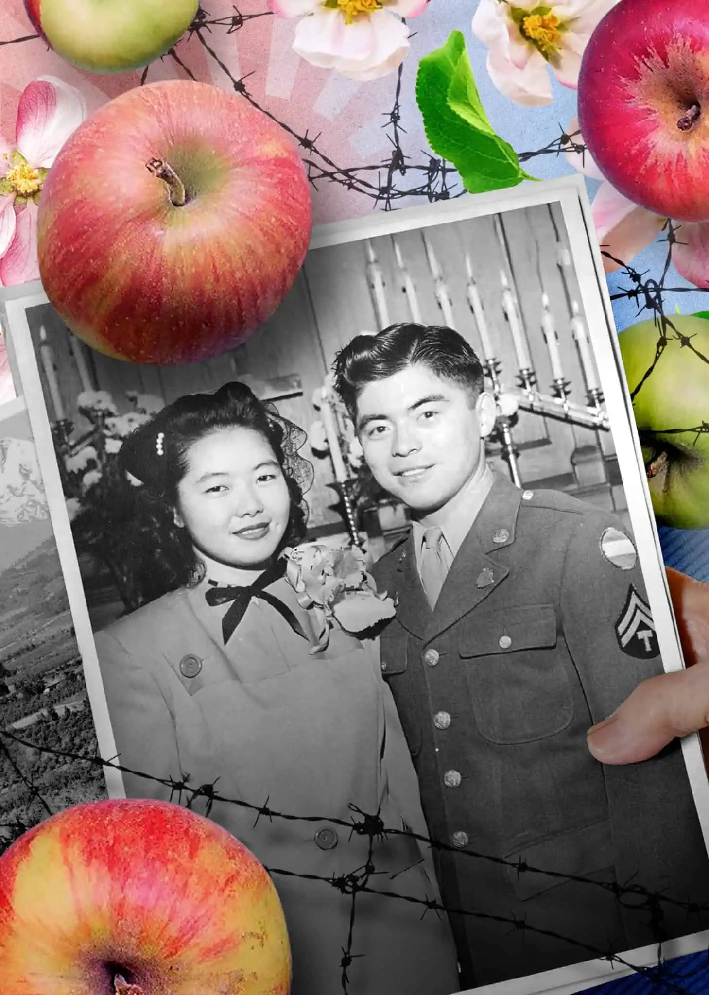 A collage with apples, barbed wire, and a hand holding a black and white photo of an Asian woman and man in military uniform.