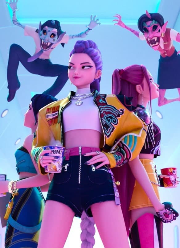 Three animated young woman stand together with demons surrounding them, against a light blue and pink background.