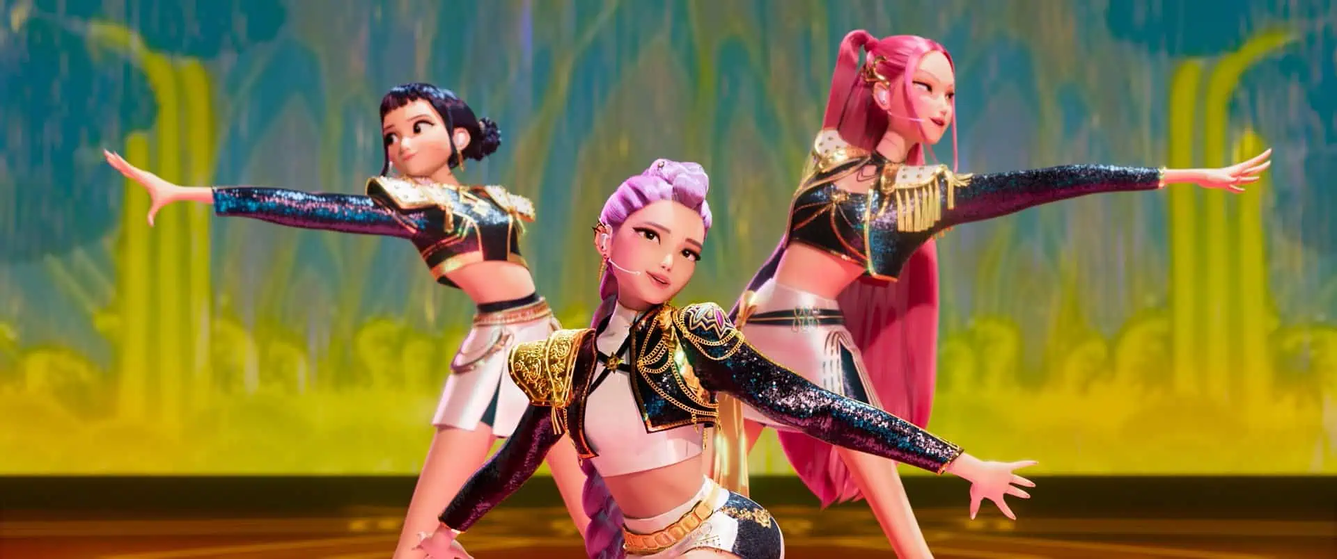 Three animated young women, dressed as pop stars, pose with their arms out stretched, against a blue and yellow background.