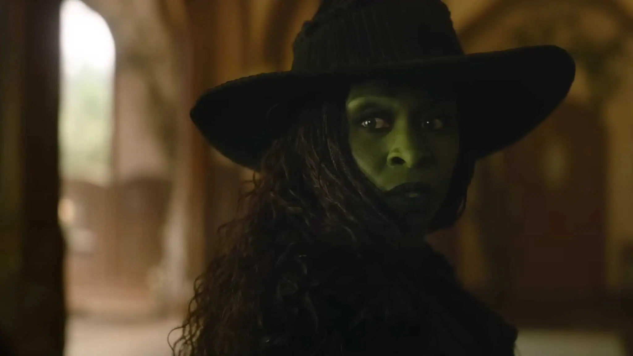Cynthia Erivo as Elphaba in black color wicked witch outfit.
