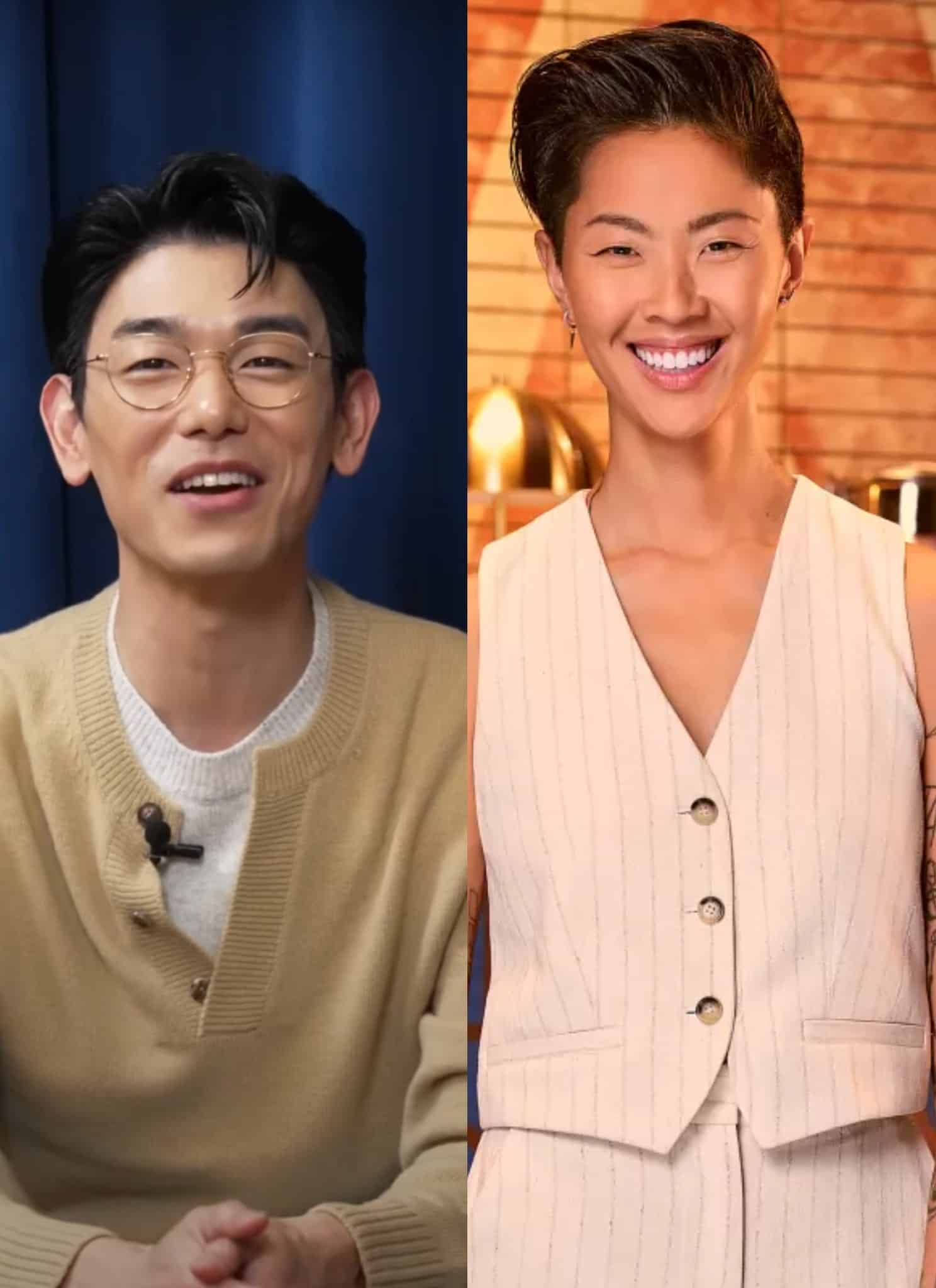Eric Nam sitting in front of blue background next to Kristen Kish in orange background and white outfit.