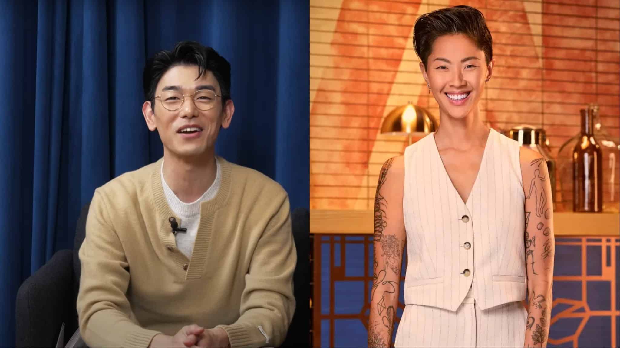 Eric Nam sitting in front of blue background next to Kristen Kish in orange background and white outfit.