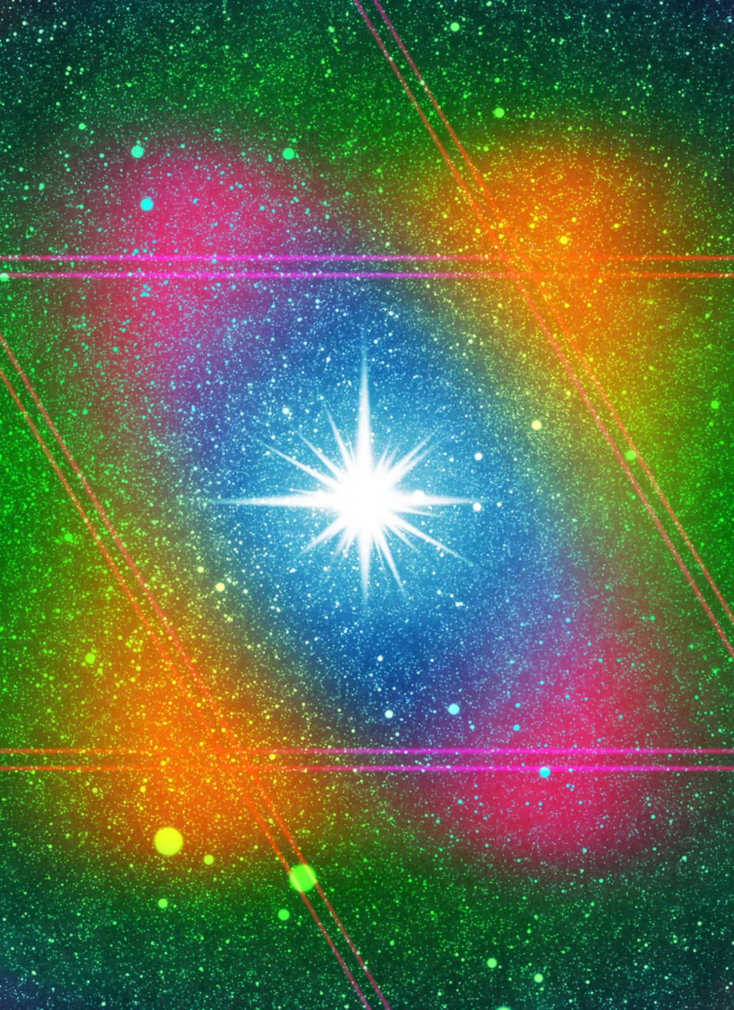 Starry sky with large, white starburst in the center surrounded by multicolor lights.