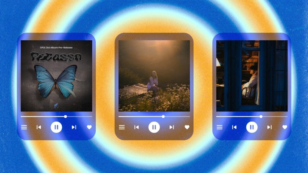 From left, cover art for “Picasso” by EPEX, “Sweet Satin Boy” by hannah bahng, and “Say” by Johnny Huynh.