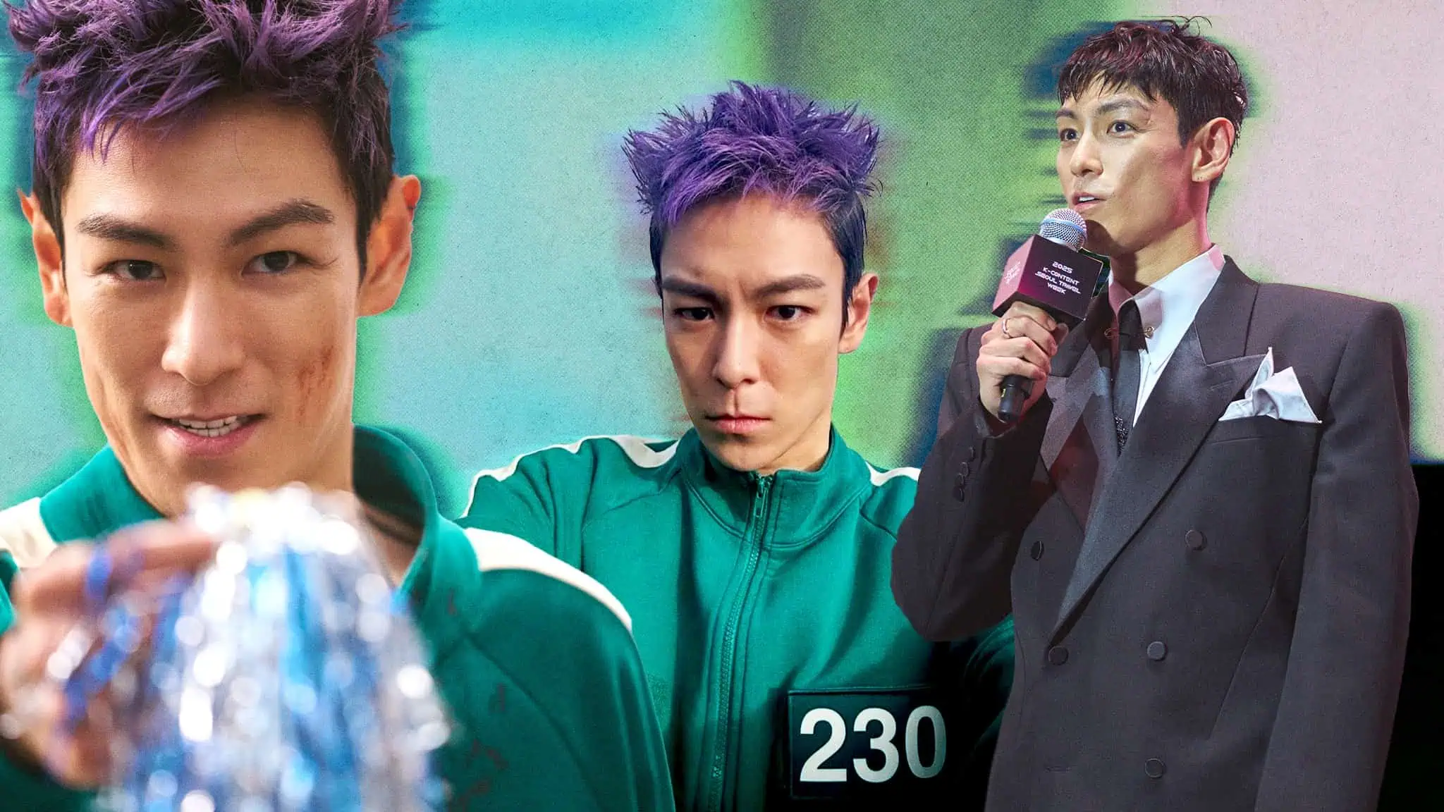 Collage of actor and rapper T.O.P. with two photos of him in "Squid Game" and another of him holding a microphone.