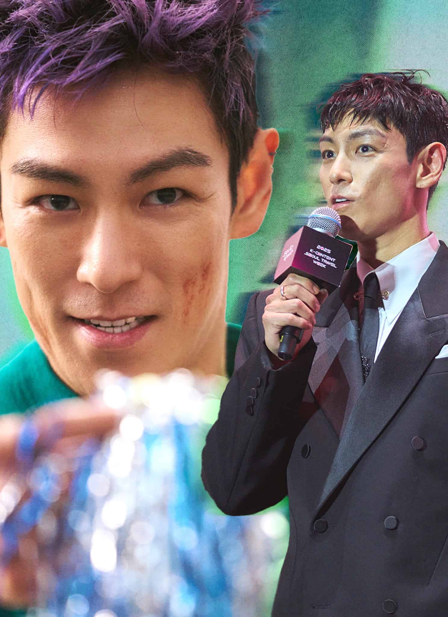 Collage of actor and rapper T.O.P. with two photos of him in "Squid Game" and another of him holding a microphone.