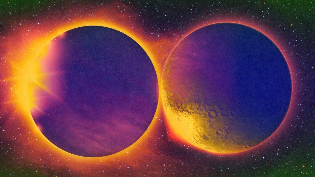 Two large celestial bodies, one partially eclipsing the other, glow with vivid yellow, purple, and blue tones against a starry space background. The scene has a surreal, colorful, and dreamy effect.