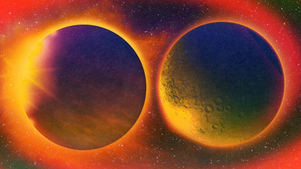 Two planets, one shadowed and one cratered, appear side by side in space beneath a vibrant red, orange, and yellow glow. Inspired by Asian American astrology, the celestial scene evokes the mysteries of September’s night sky.