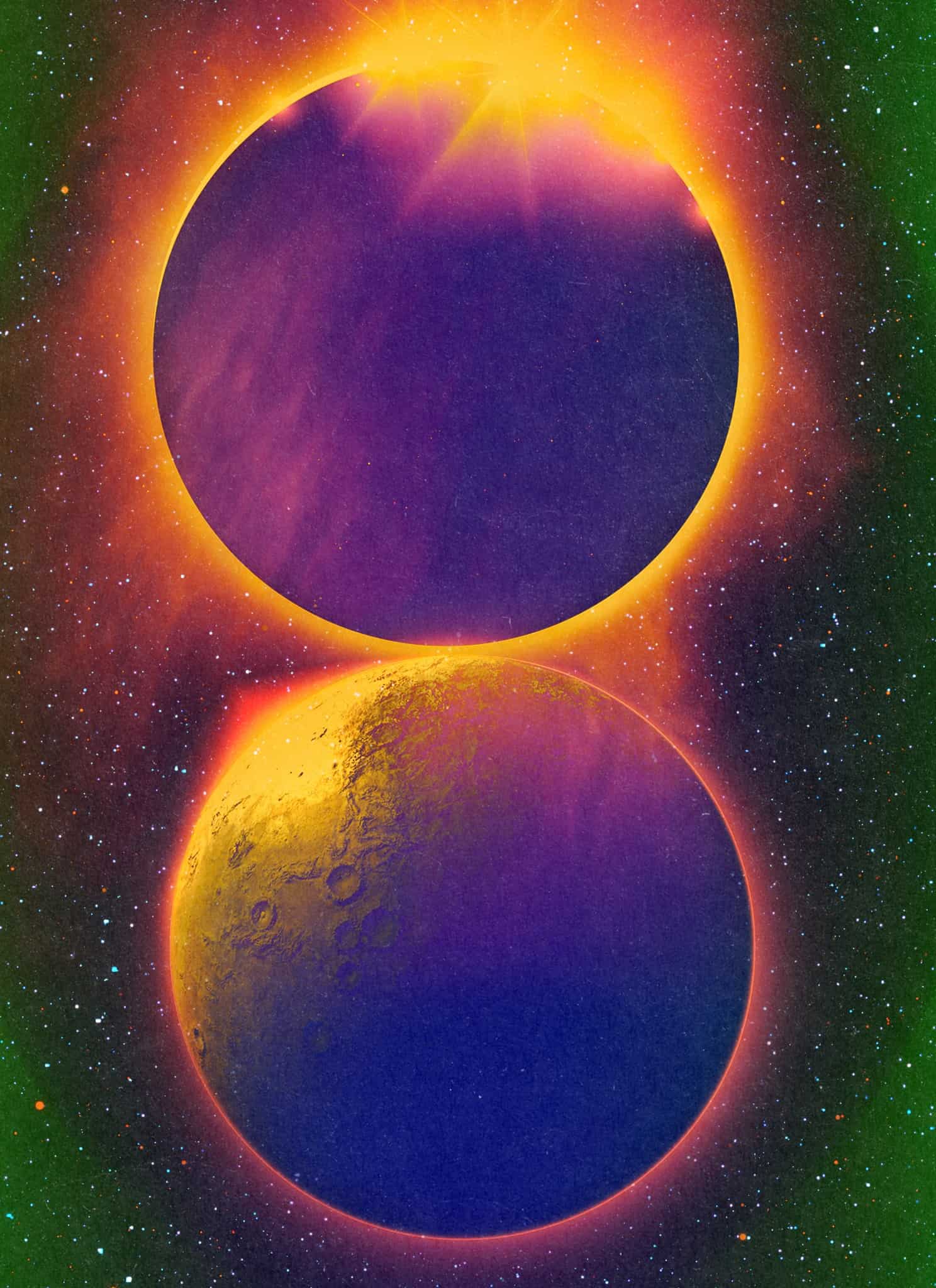 Two large celestial bodies, one partially eclipsing the other, glow with vivid yellow, purple, and blue tones against a starry space background. The scene has a surreal, colorful, and dreamy effect.