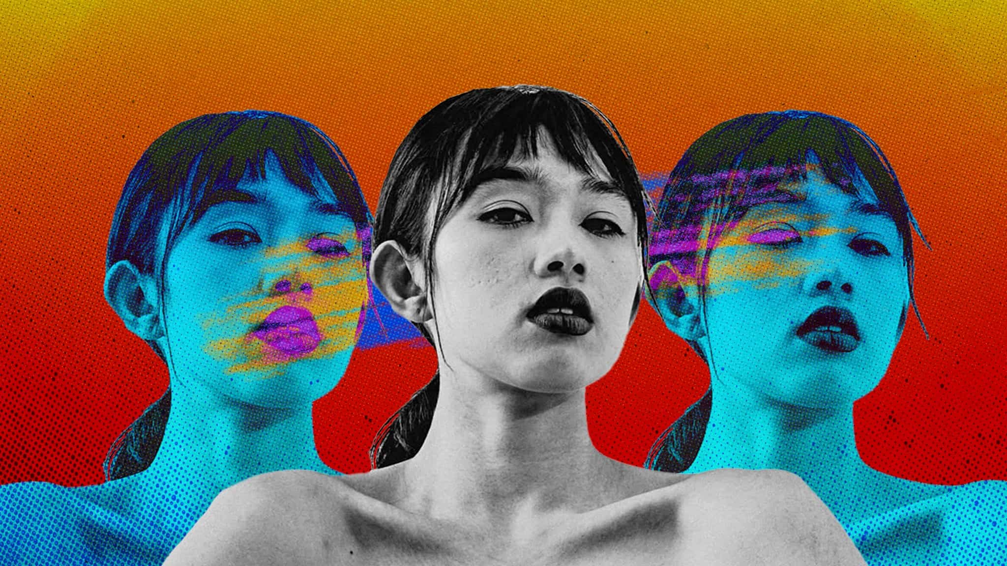 A stylized digital collage shows three blue-tinted portraits of the same woman with dark hair against a textured orange and red background, with colorful streaks crossing her faces.