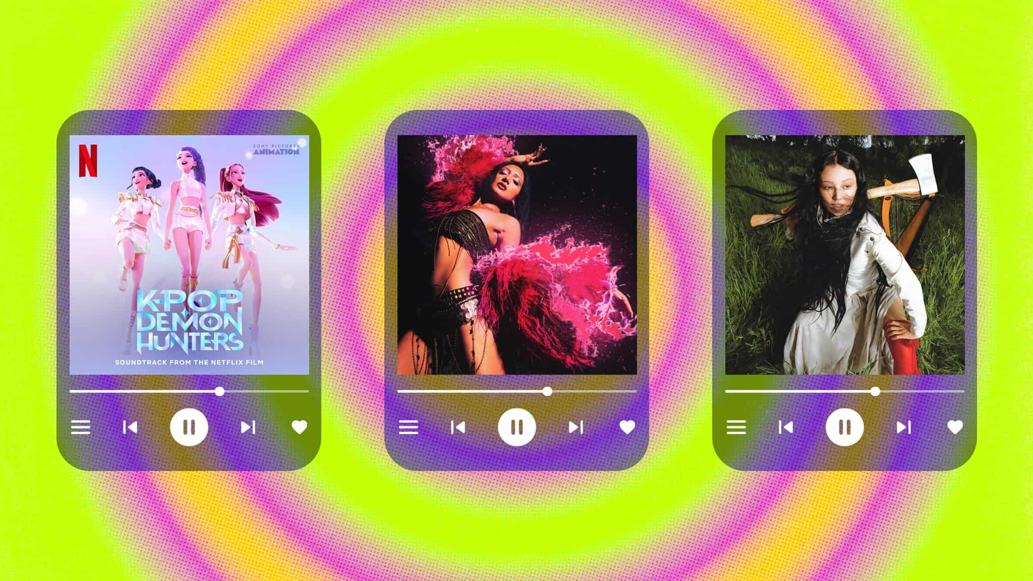 Three square music player icons show: the K-Pop Demon Hunters soundtrack with three women, a woman dancing with pink smoke, and a woman in white holding a sword—all set on a vibrant green and pink asian diaspora music background.