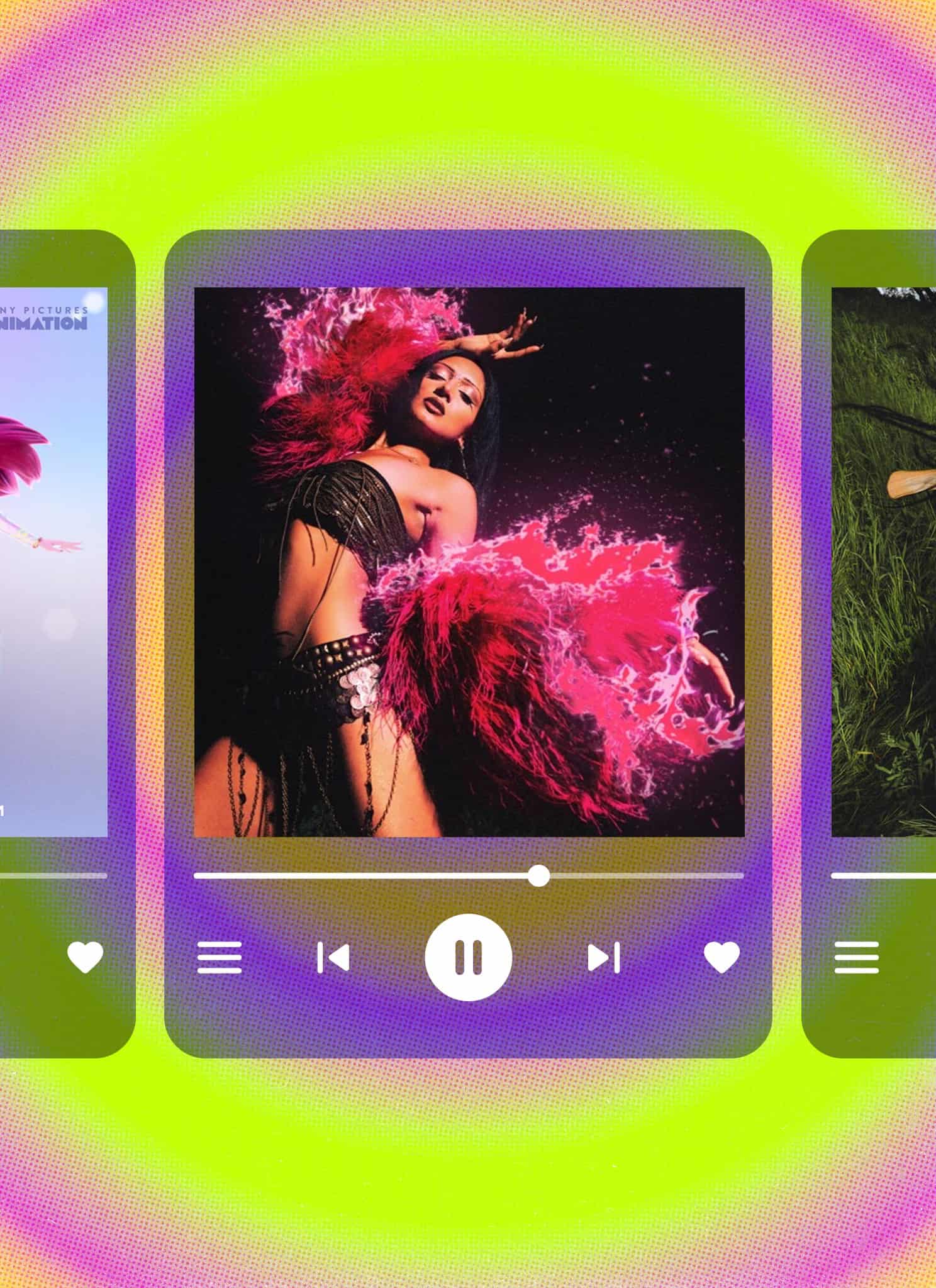 Three square music player icons show: the K-Pop Demon Hunters soundtrack with three women, a woman dancing with pink smoke, and a woman in white holding a sword—all set on a vibrant green and pink asian diaspora music background.