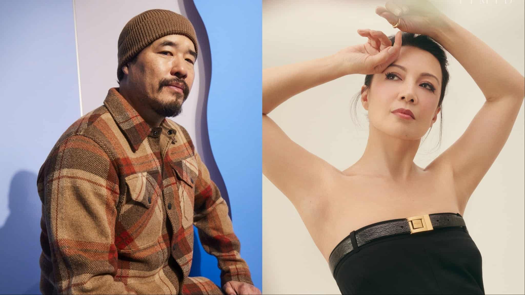 A man in a brown plaid jacket and knit beanie poses on the left, while a woman in a strapless black top raises her arm and gazes upward on the right, both against neutral backgrounds.