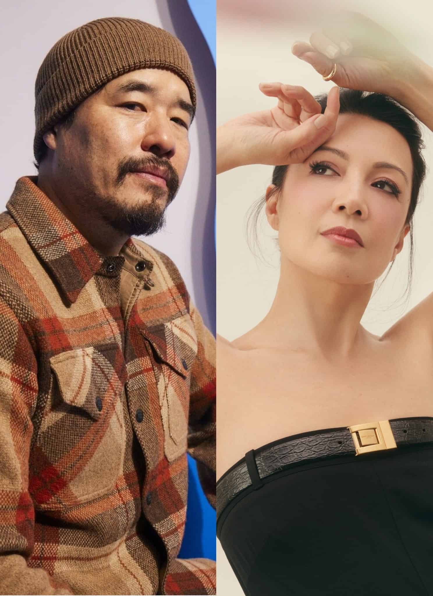 A man in a brown plaid jacket and knit beanie poses on the left, while a woman in a strapless black top raises her arm and gazes upward on the right, both against neutral backgrounds.