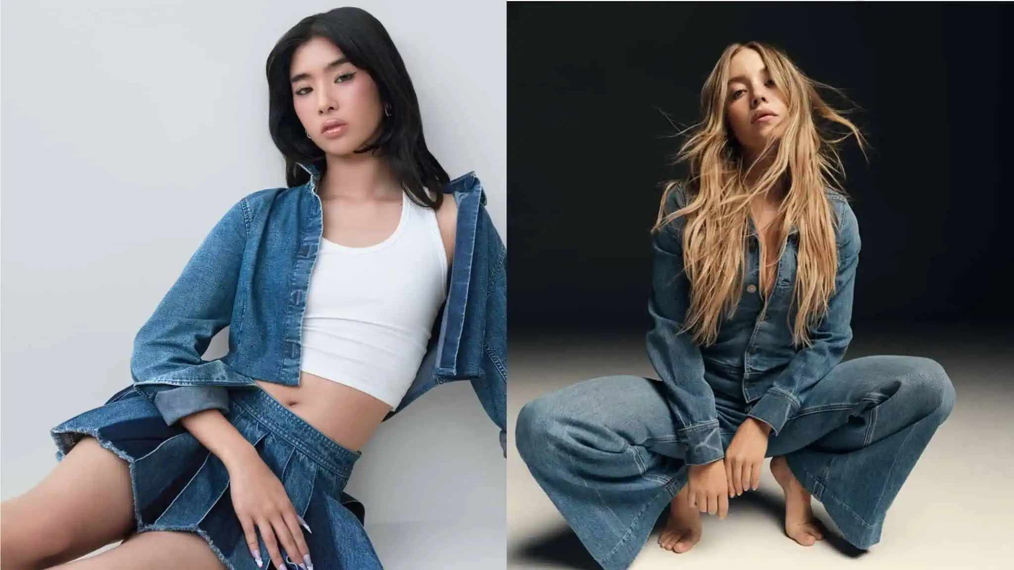 Two women pose in denim outfits. The woman on the left wears a KATSEYE denim jacket, white crop top, and pleated denim skirt. The woman on the right kneels barefoot in a chic denim jumpsuit, her hair loose.