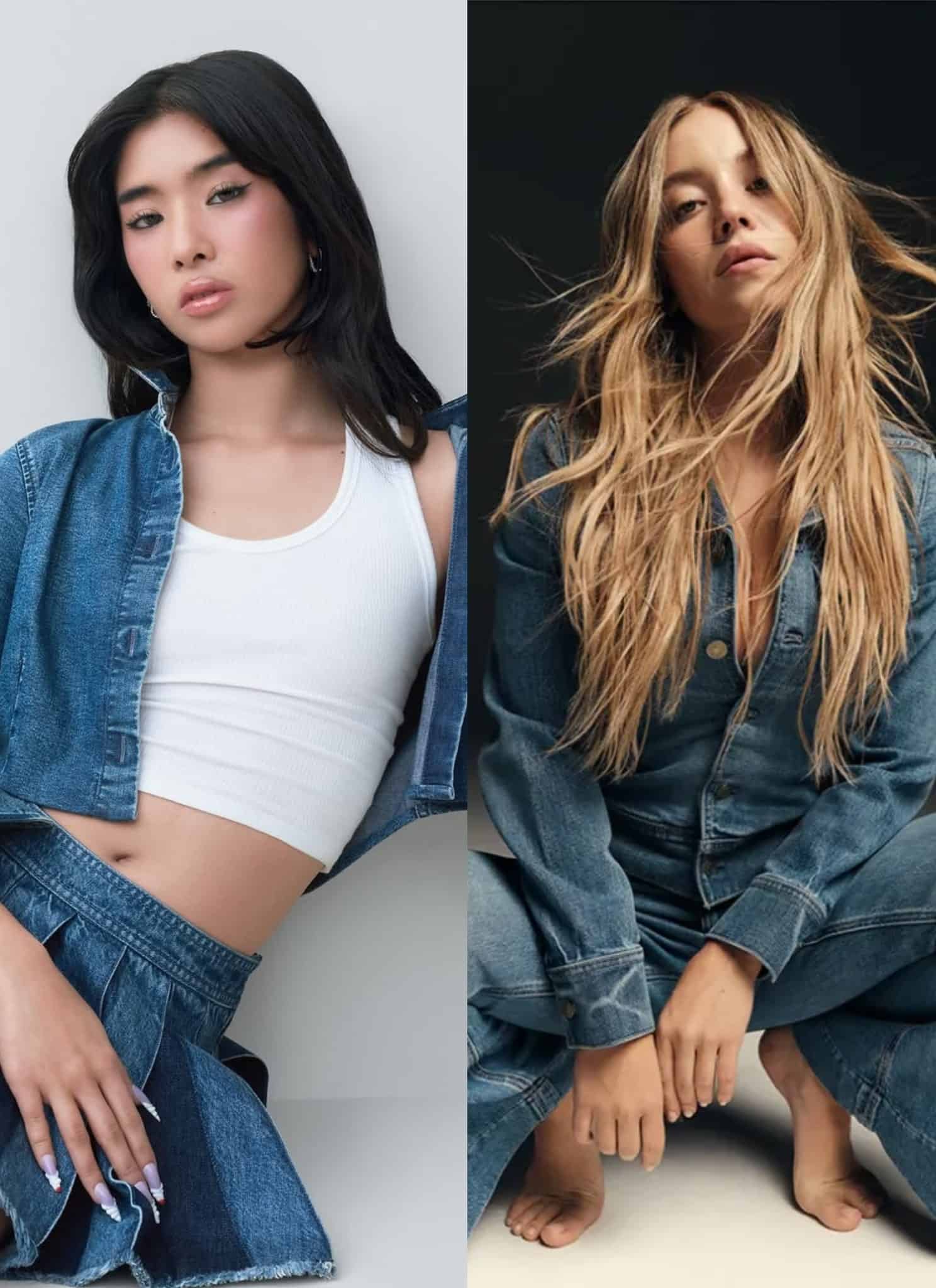Two women pose in denim outfits. The woman on the left wears a KATSEYE denim jacket, white crop top, and pleated denim skirt. The woman on the right kneels barefoot in a chic denim jumpsuit, her hair loose.