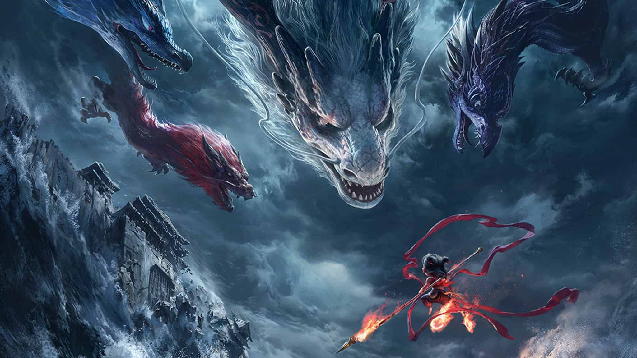 A warrior wielding a flaming spear faces four large, menacing dragons in a stormy sky above crumbling ruins, with swirling clouds and dramatic lighting creating an intense, fantastical battle scene.