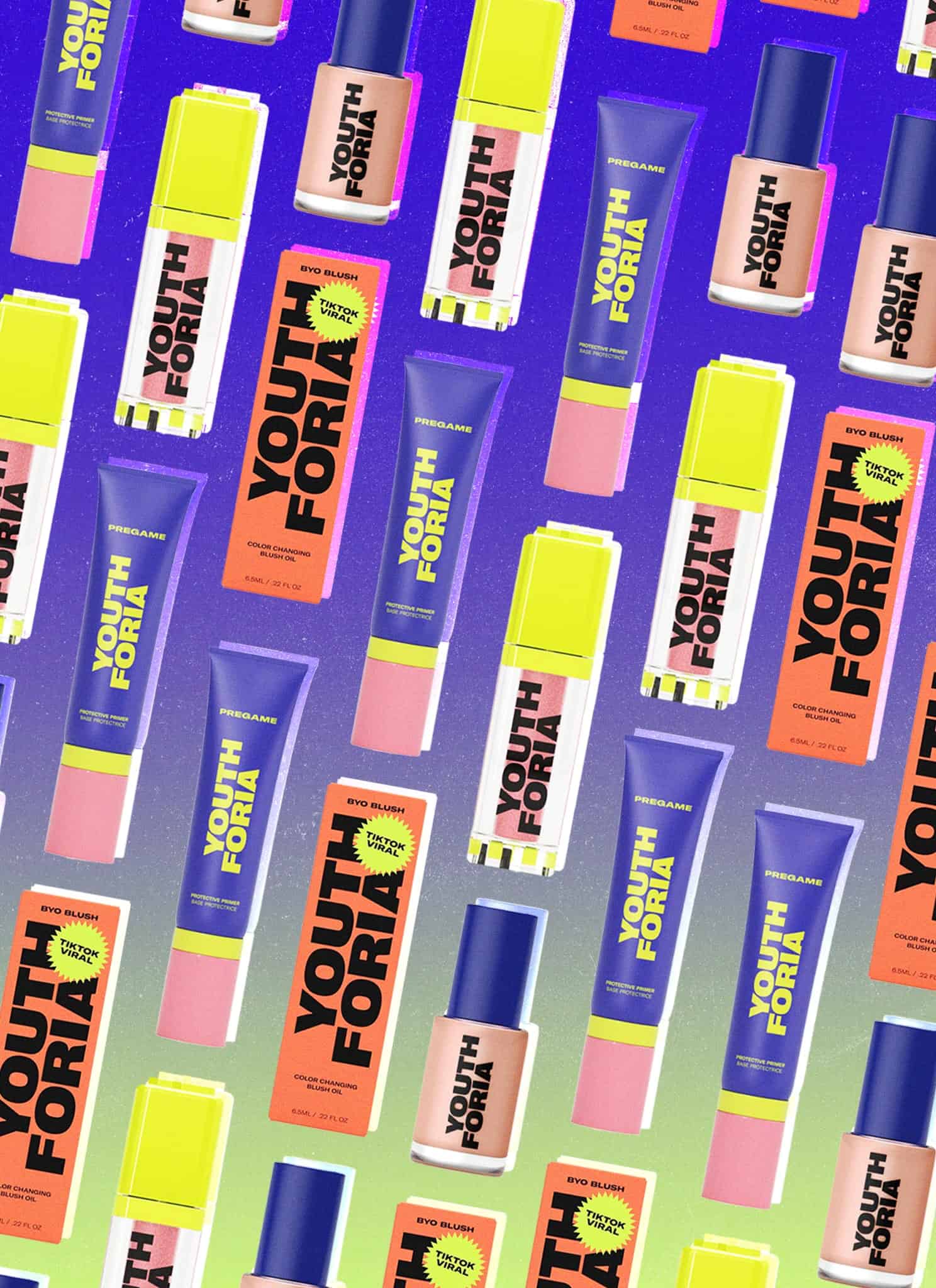 Colorful makeup products from the brand Youthforia, including tubes and boxes with bold yellow, pink, and purple packaging, arranged in a diagonal repeating pattern on a gradient background.