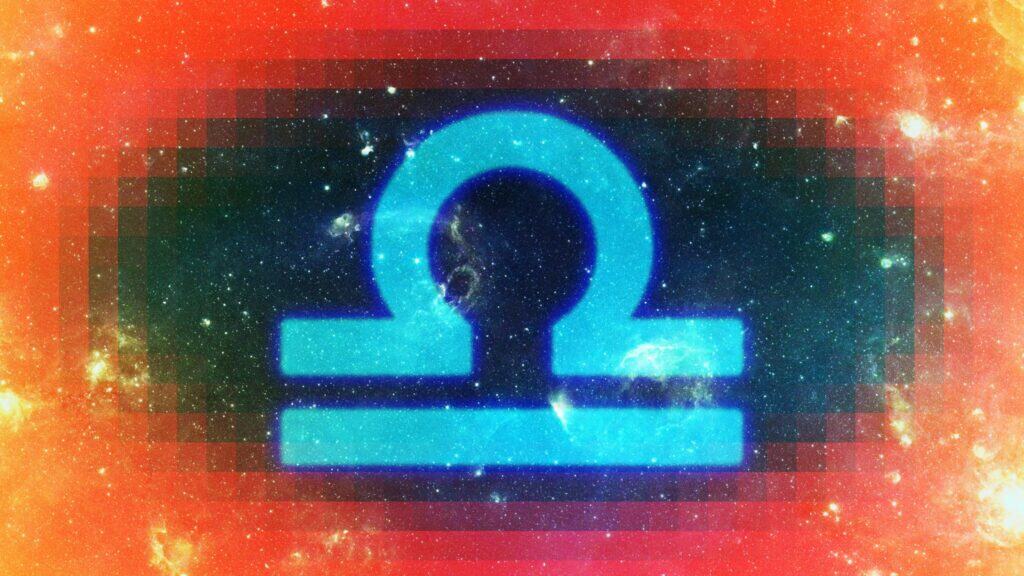 A glowing blue Libra zodiac symbol is centered against a star-filled galaxy background, with red and orange cosmic hues at the edges and a pixelated effect around the symbol.