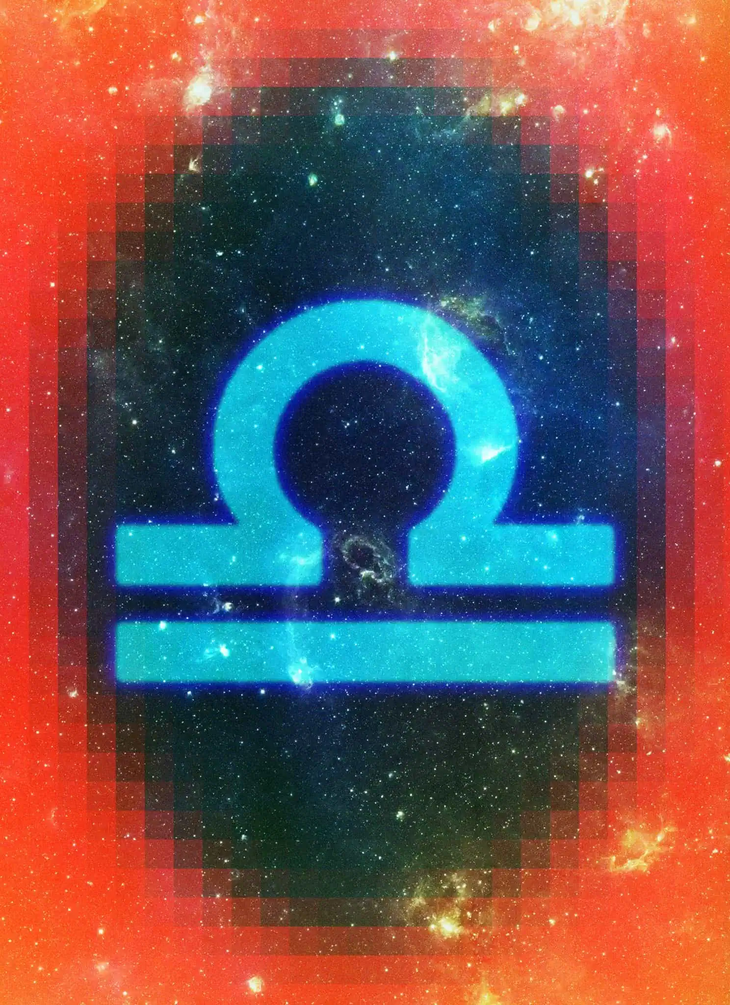 A glowing blue Libra zodiac symbol is centered against a star-filled galaxy background, with red and orange cosmic hues at the edges and a pixelated effect around the symbol.