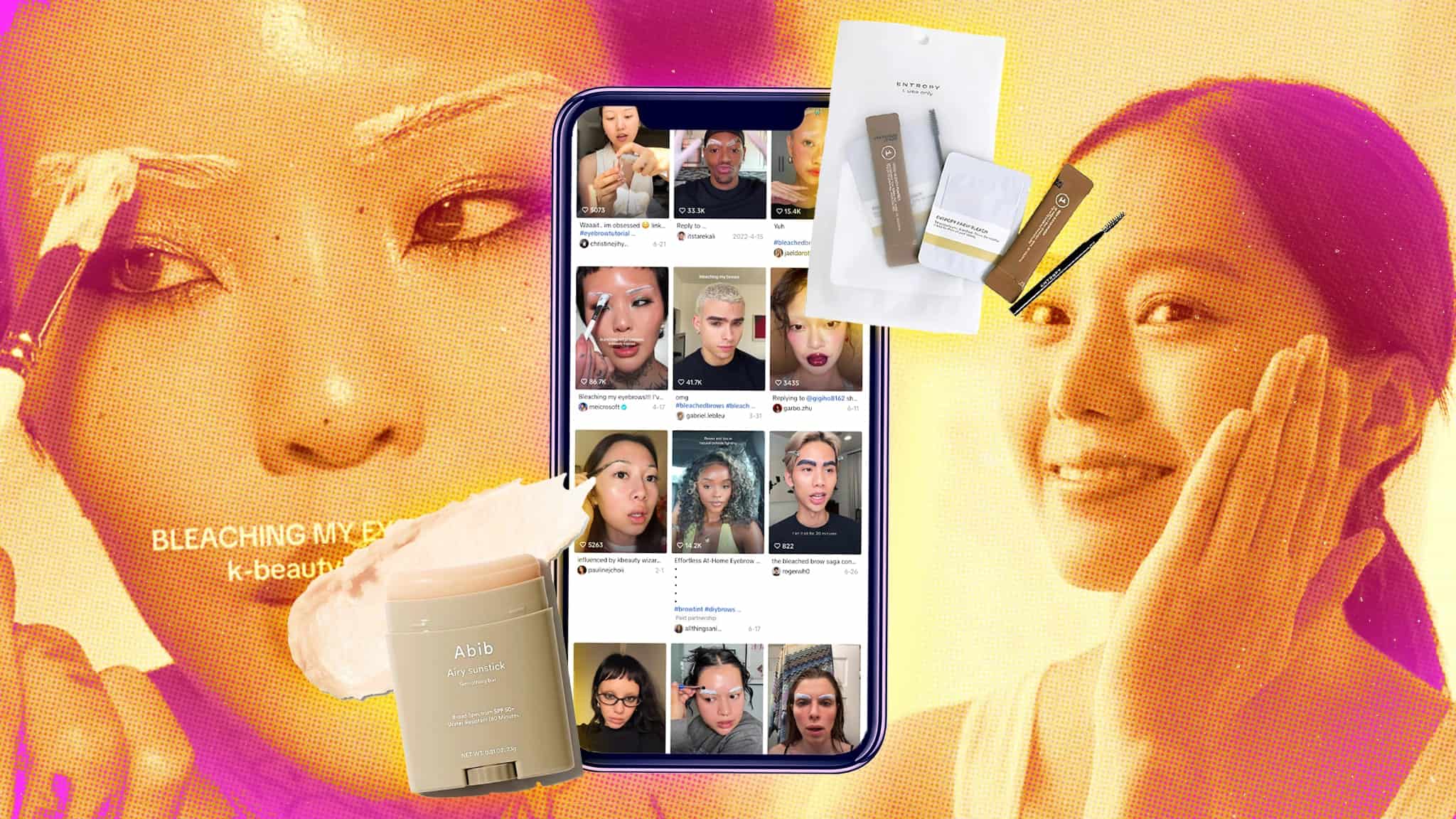 A collage showing a woman bleaching her eyebrows, an array of TikTok eyebrow bleaching videos displayed on a phone, beauty products, and a smiling woman touching her face, all set against a warm, colorful background.