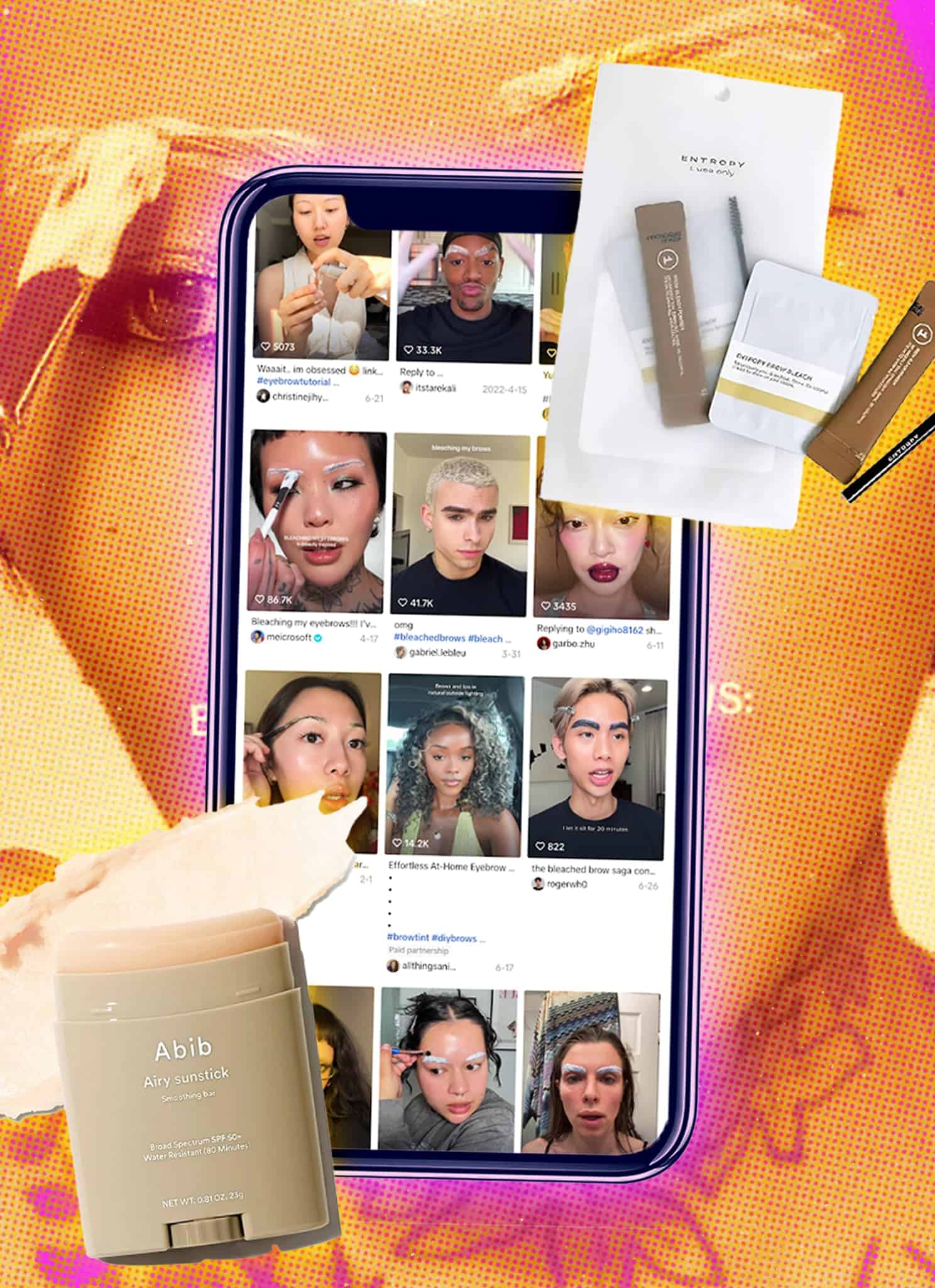 A collage showing a woman bleaching her eyebrows, an array of TikTok eyebrow bleaching videos displayed on a phone, beauty products, and a smiling woman touching her face, all set against a warm, colorful background.