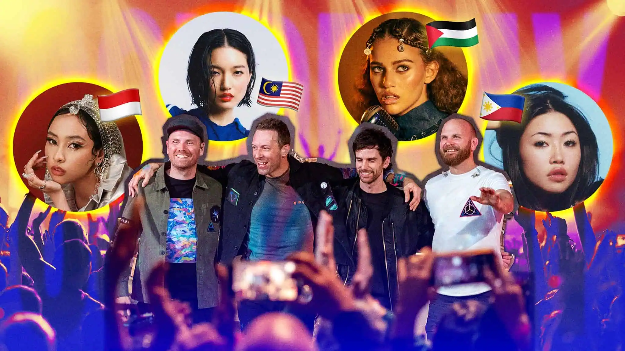 A band of four men stands on stage with arms around each other, smiling. Above them are portraits of four women with flags of Indonesia, Malaysia, UAE, and the Philippines, set against a lively concert crowd background.