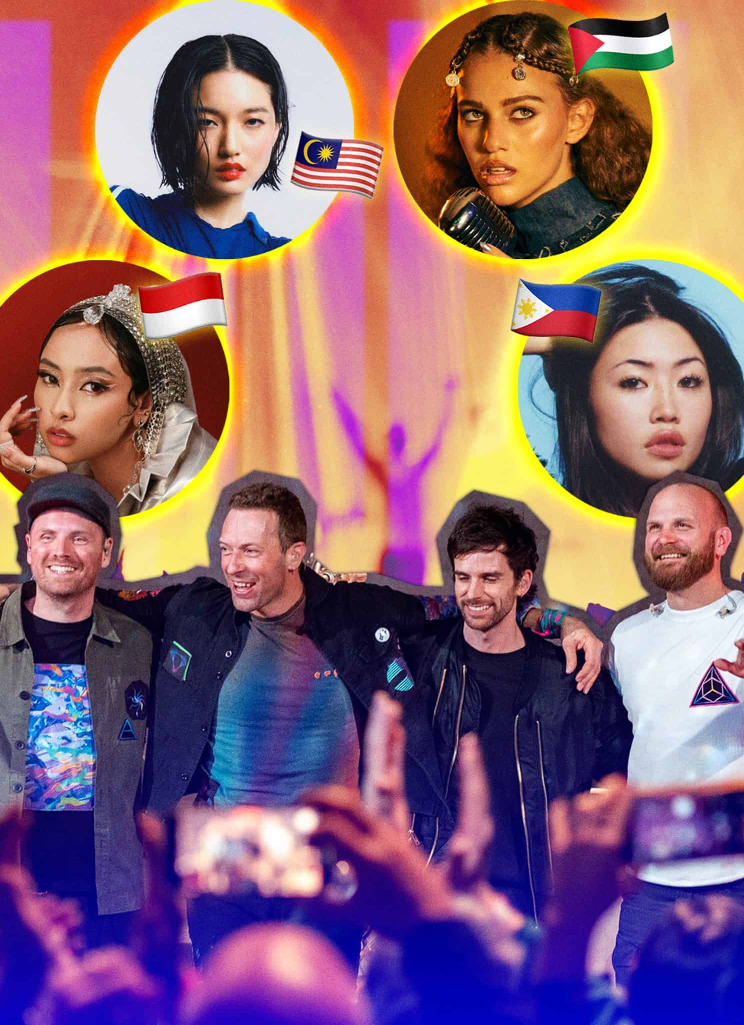 A band of four men stands on stage with arms around each other, smiling. Above them are portraits of four women with flags of Indonesia, Malaysia, UAE, and the Philippines, set against a lively concert crowd background.