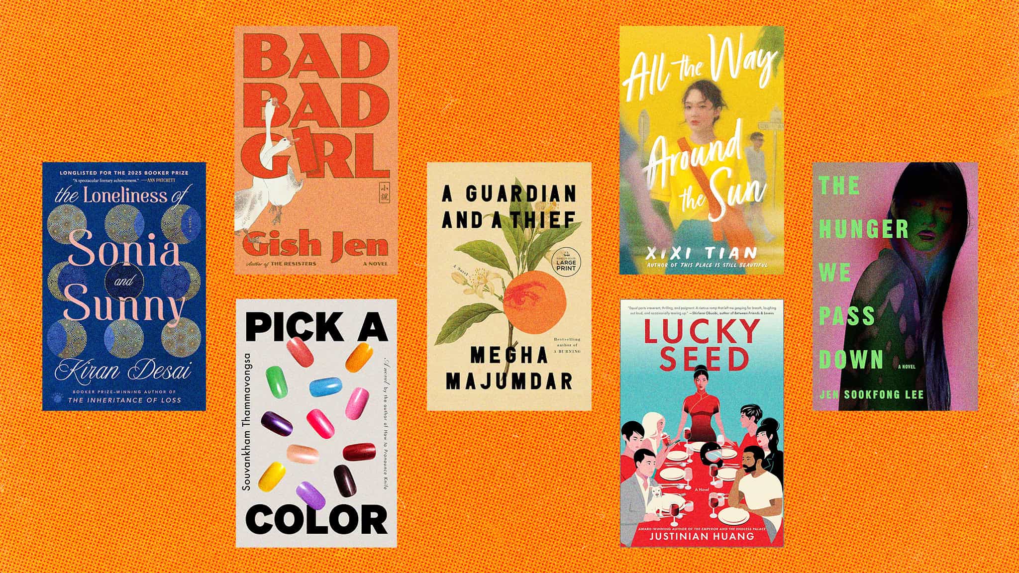 A collection of seven diverse book covers by Asian authors, arranged on an orange textured background, each with distinct titles, colors, and designs representing different genres.