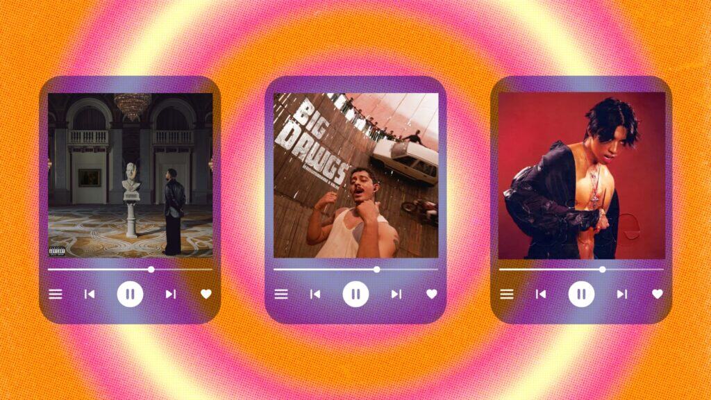 Three music player cards on an orange and pink spiral background, each displaying a different album cover and playback controls. The covers feature various individuals in distinct artistic settings.