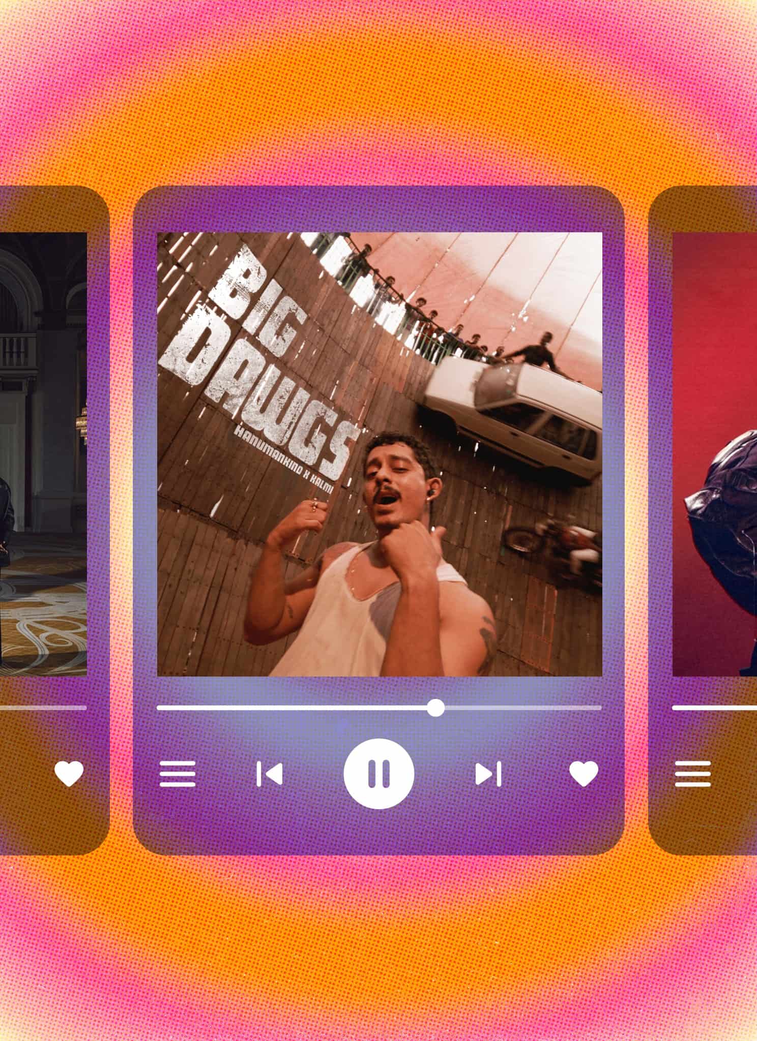 Three music player cards on an orange and pink spiral background, each displaying a different album cover and playback controls. The covers feature various individuals in distinct artistic settings.