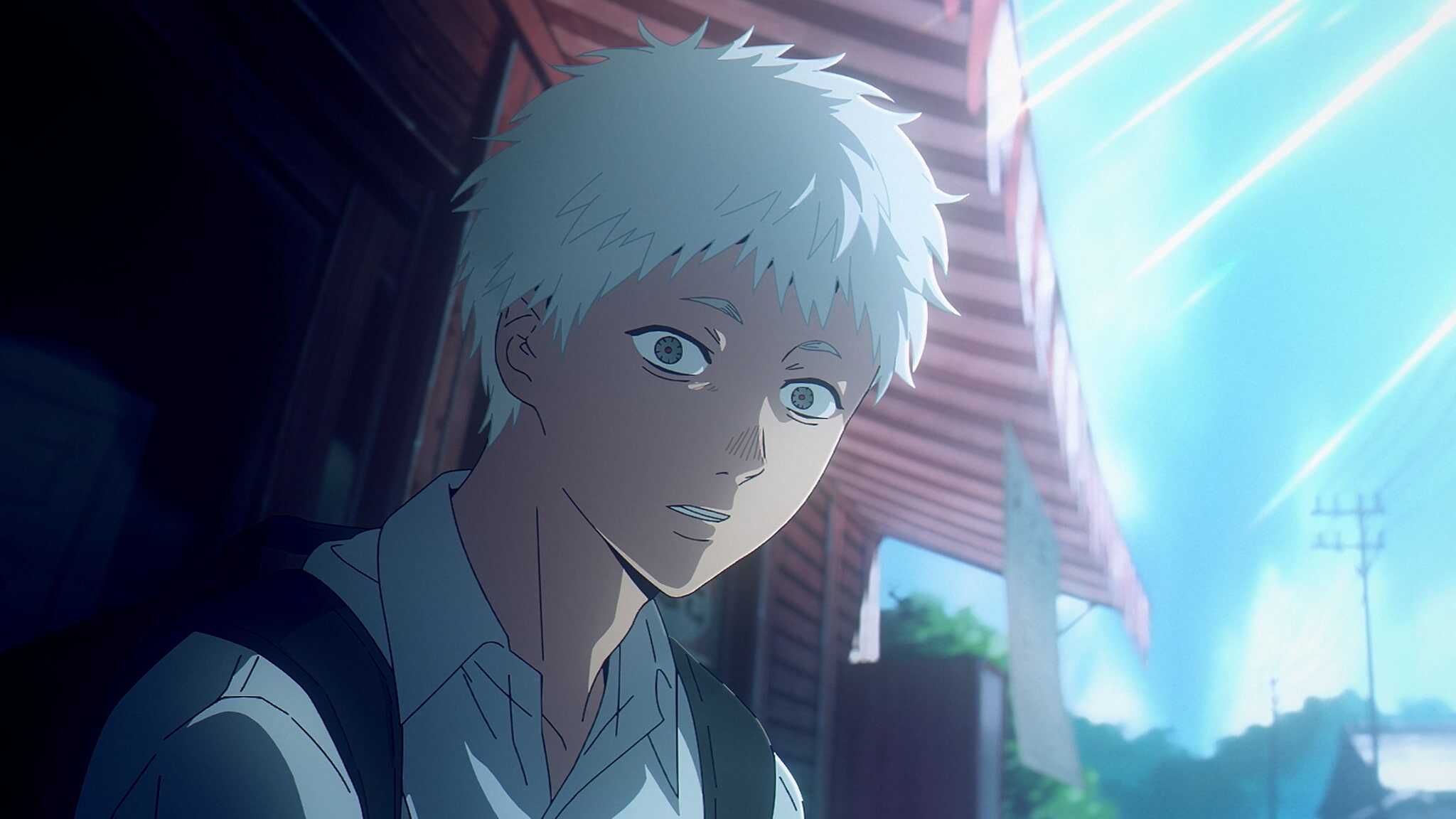 Anime-style character with short white hair and a surprised expression stands outdoors, wearing a white shirt and backpack. Bright sunlight streams in from the sky, illuminating the scene with dramatic light rays.