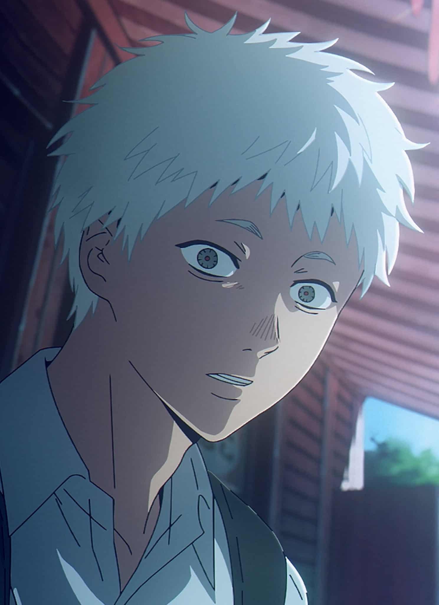 Anime-style character with short white hair and a surprised expression stands outdoors, wearing a white shirt and backpack. Bright sunlight streams in from the sky, illuminating the scene with dramatic light rays.