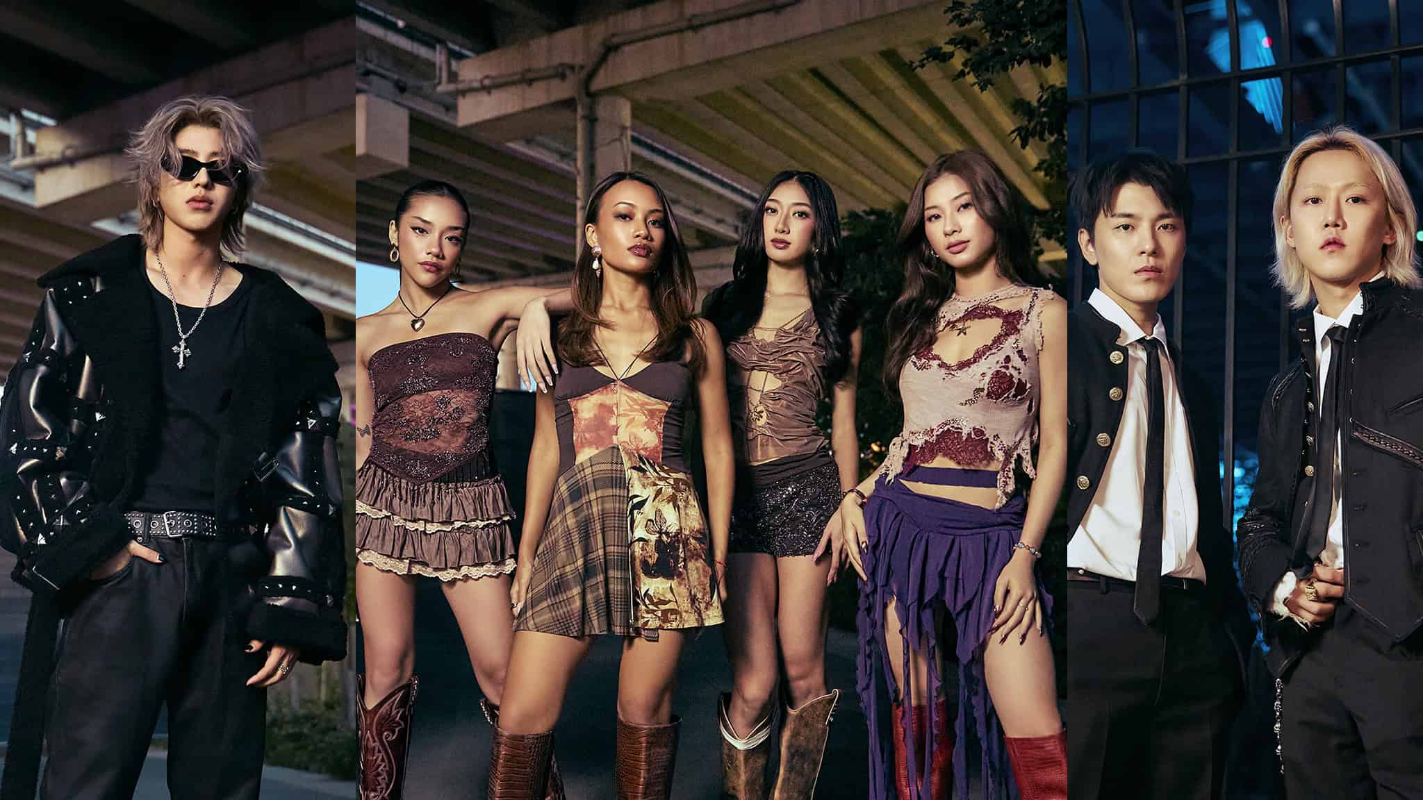 Six people stand together in stylish, edgy outfits under an overpass at night, posing confidently. The background features concrete beams and blue lighting, enhancing the urban, fashionable atmosphere.