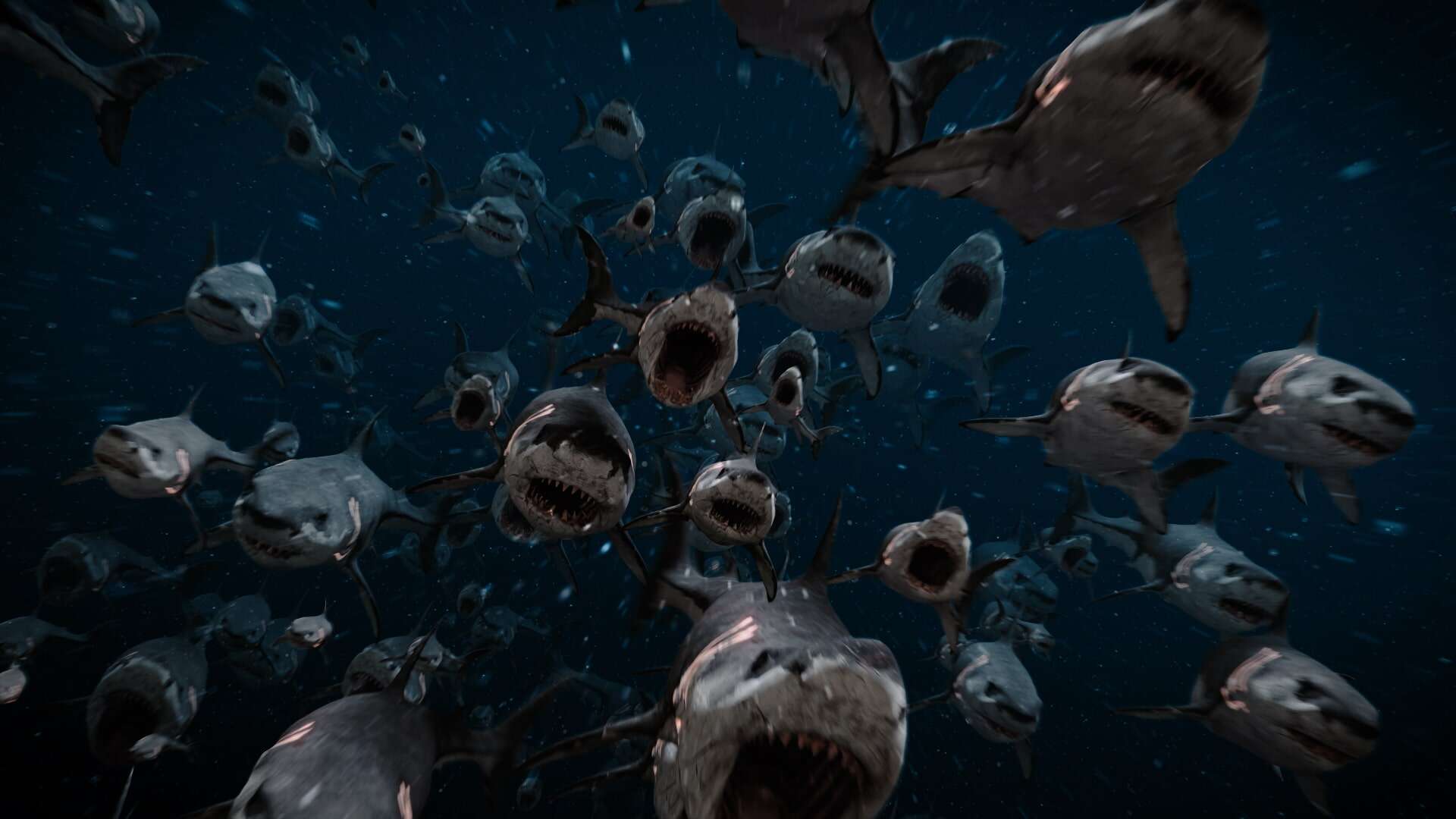 A large swarm of aggressive sharks with open mouths and sharp teeth swim toward the viewer in dark, deep ocean water.