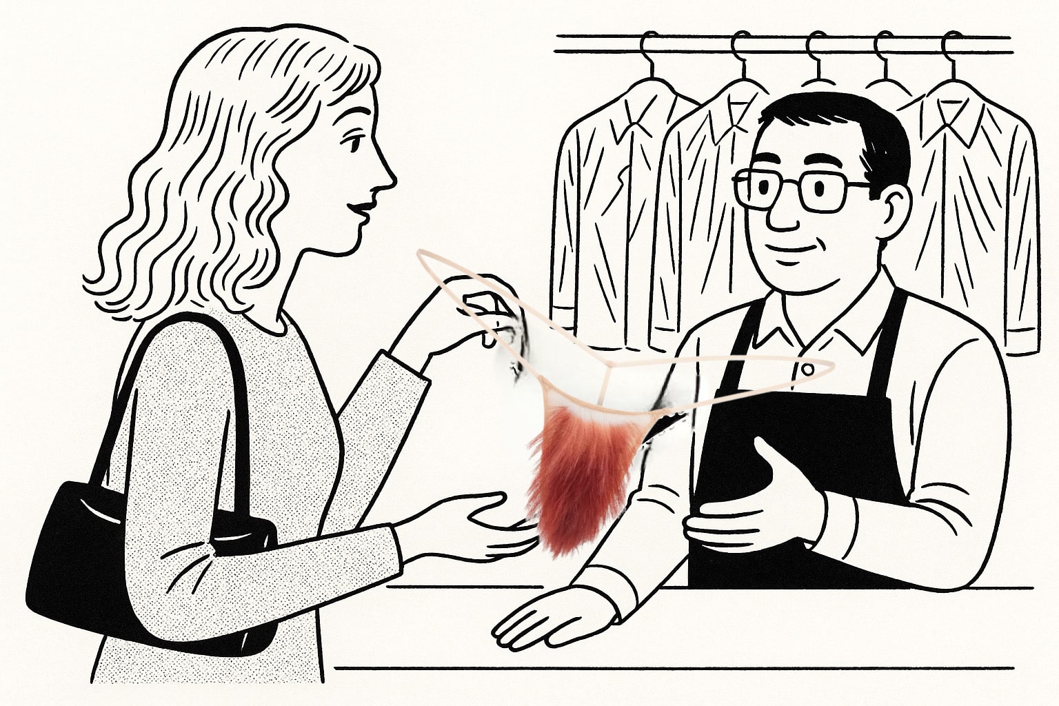 A woman at a dry cleaners counter holds up a thong with reddish-brown stains while speaking to a male employee in glasses and an apron. Clean shirts hang in the background.