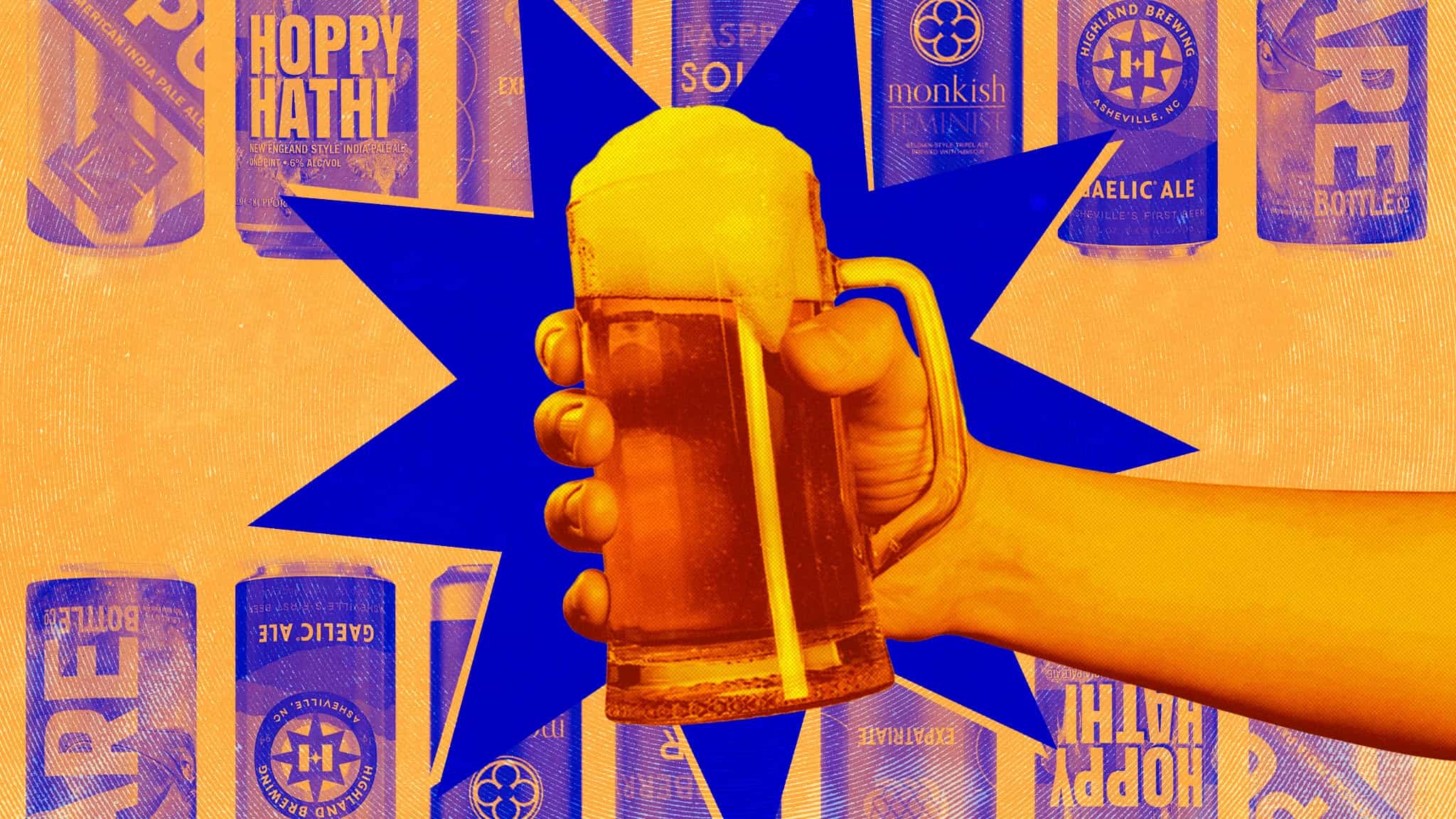 A hand holds a foamy glass of beer in front of a blue starburst, with various colorful Asian American Pacific Islander beer cans and bottles in the background. The image features an orange and blue color scheme.