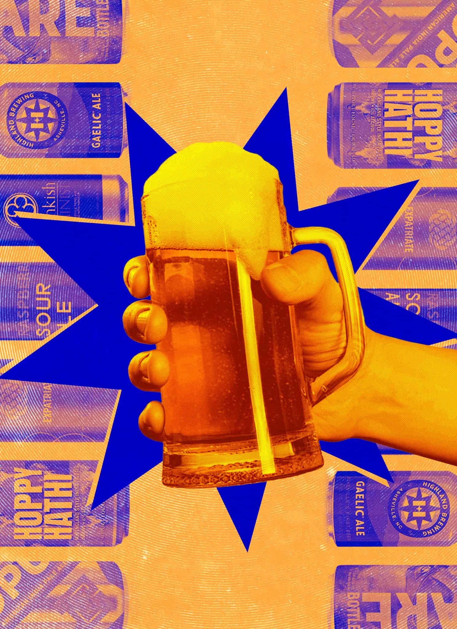 A hand holds a foamy glass of beer in front of a blue starburst, with various colorful Asian American Pacific Islander beer cans and bottles in the background. The image features an orange and blue color scheme.