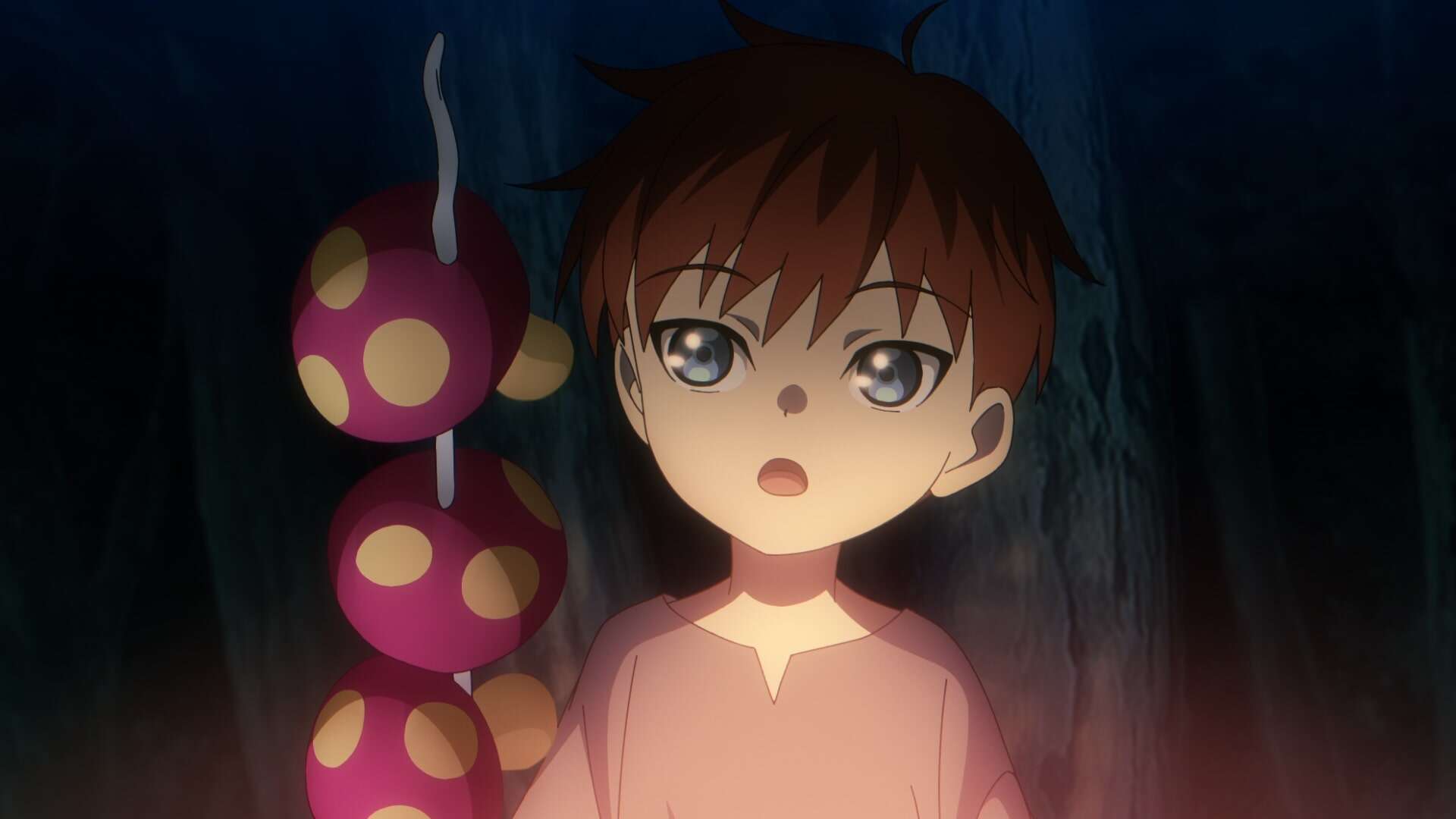 An anime-style child with short brown hair and large blue eyes holds a skewer with round, pink treats dotted with yellow spots, standing against a dark, forest-like background, illuminated by warm light.