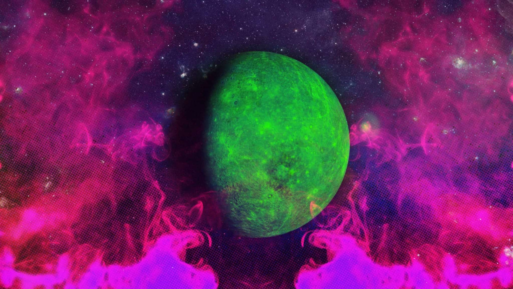 A vibrant green planet floats in space, surrounded by swirling pink and purple clouds, with distant stars scattered across the background.