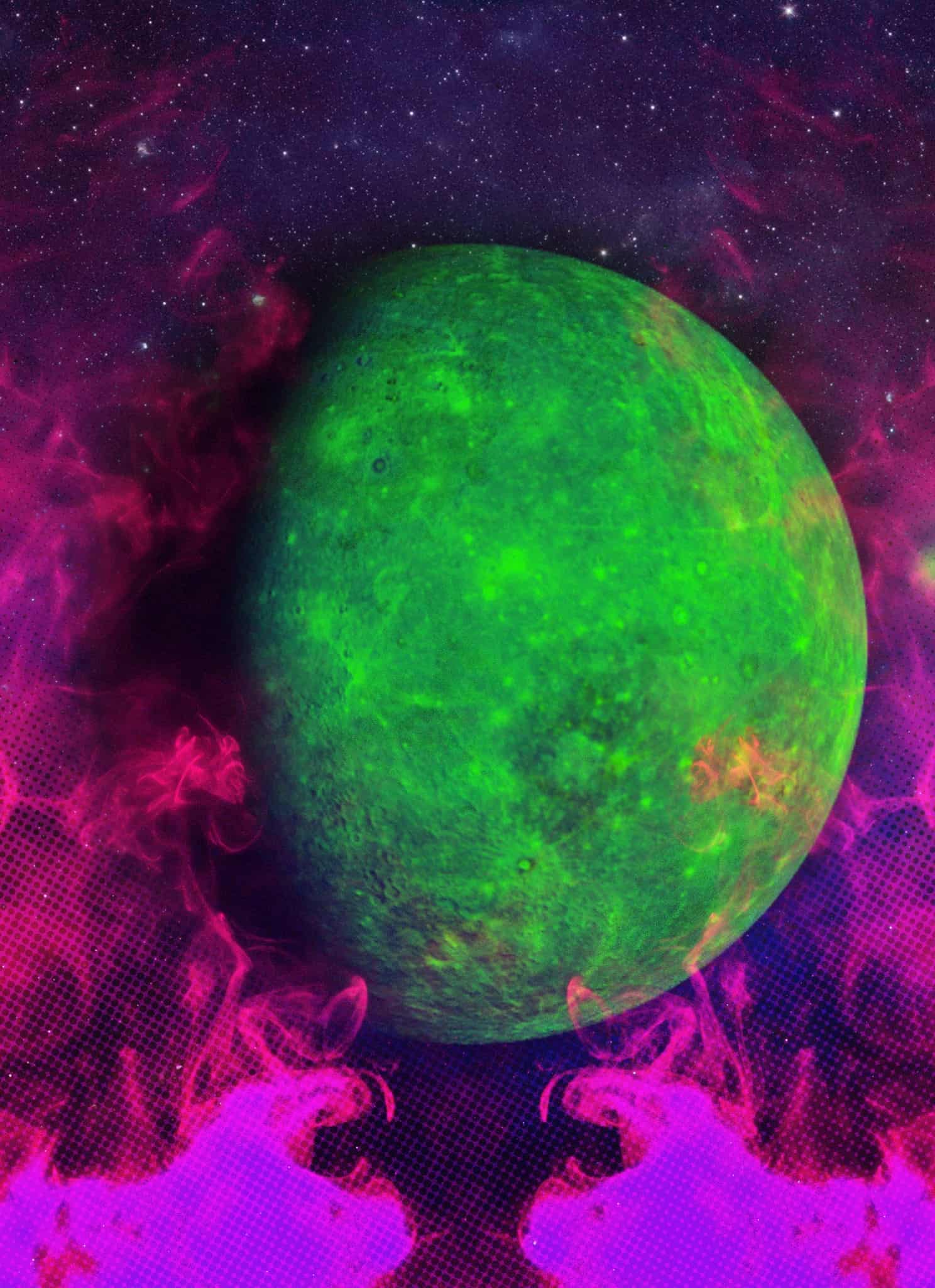 A vibrant green planet floats in space, surrounded by swirling pink and purple clouds, with distant stars scattered across the background.
