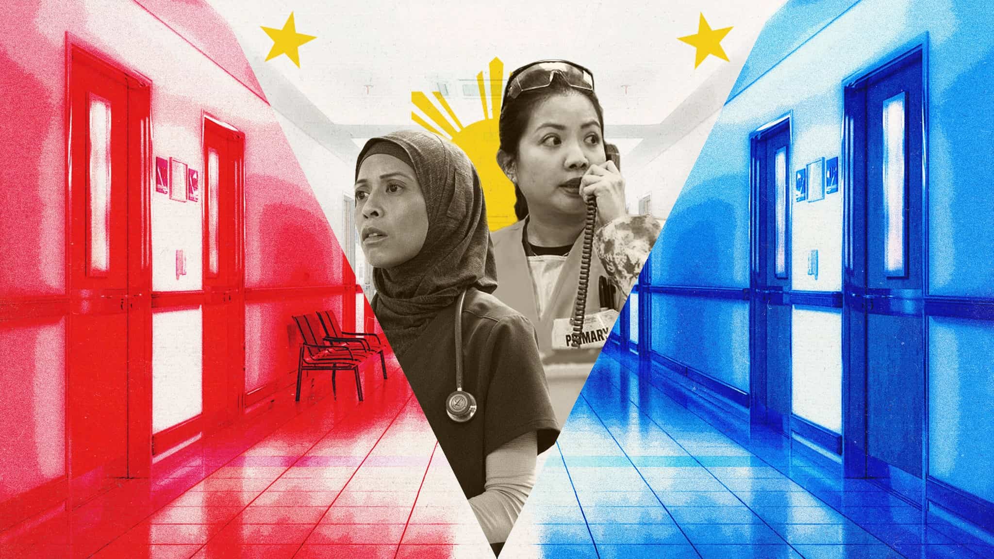 Two nurses stand in the center of a hospital hallway split into red and blue sections, with a yellow sun and stars behind them, resembling the Philippine flag.