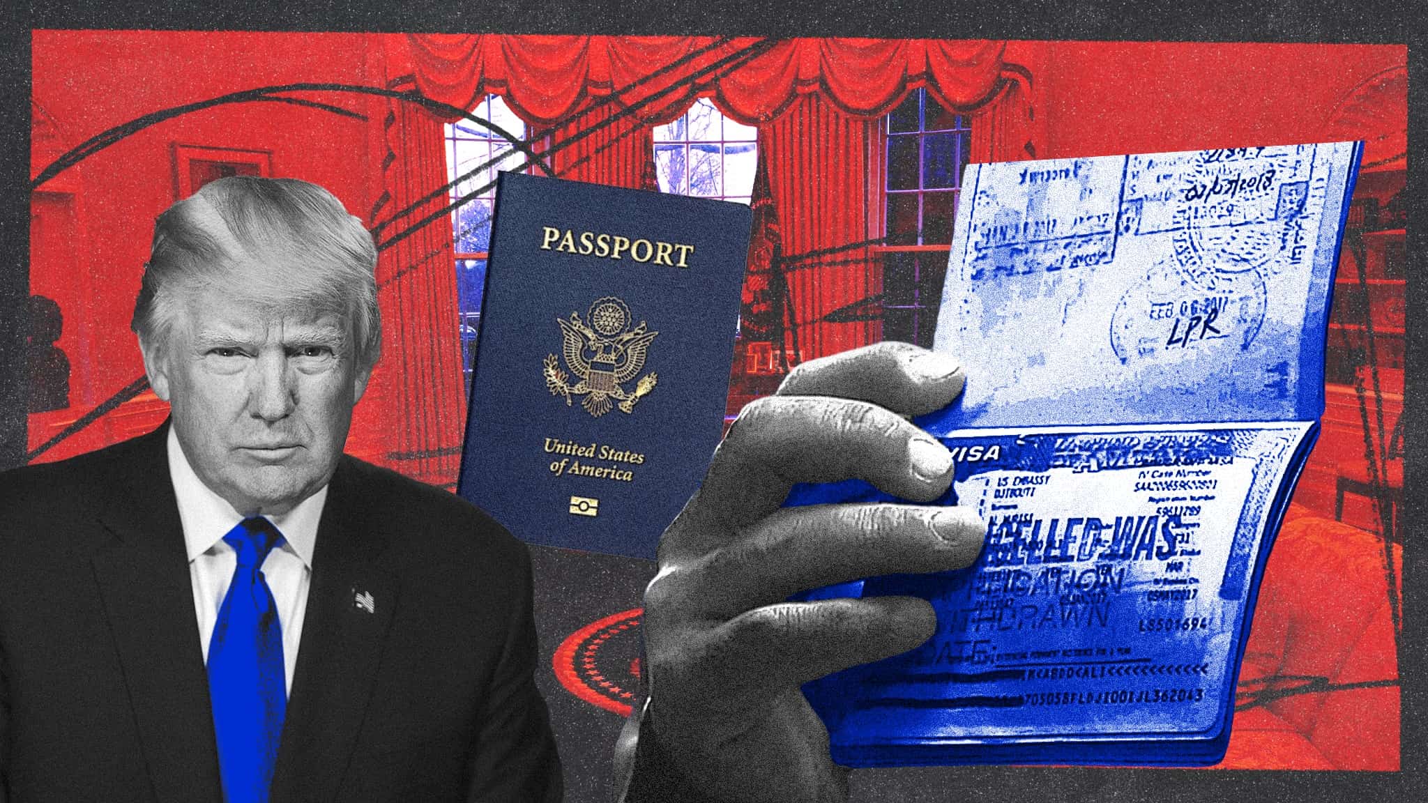 A collage shows a man in a suit, a U.S. passport, and a hand holding an open passport with visa stamps, set against a red and blue background resembling the Oval Office.