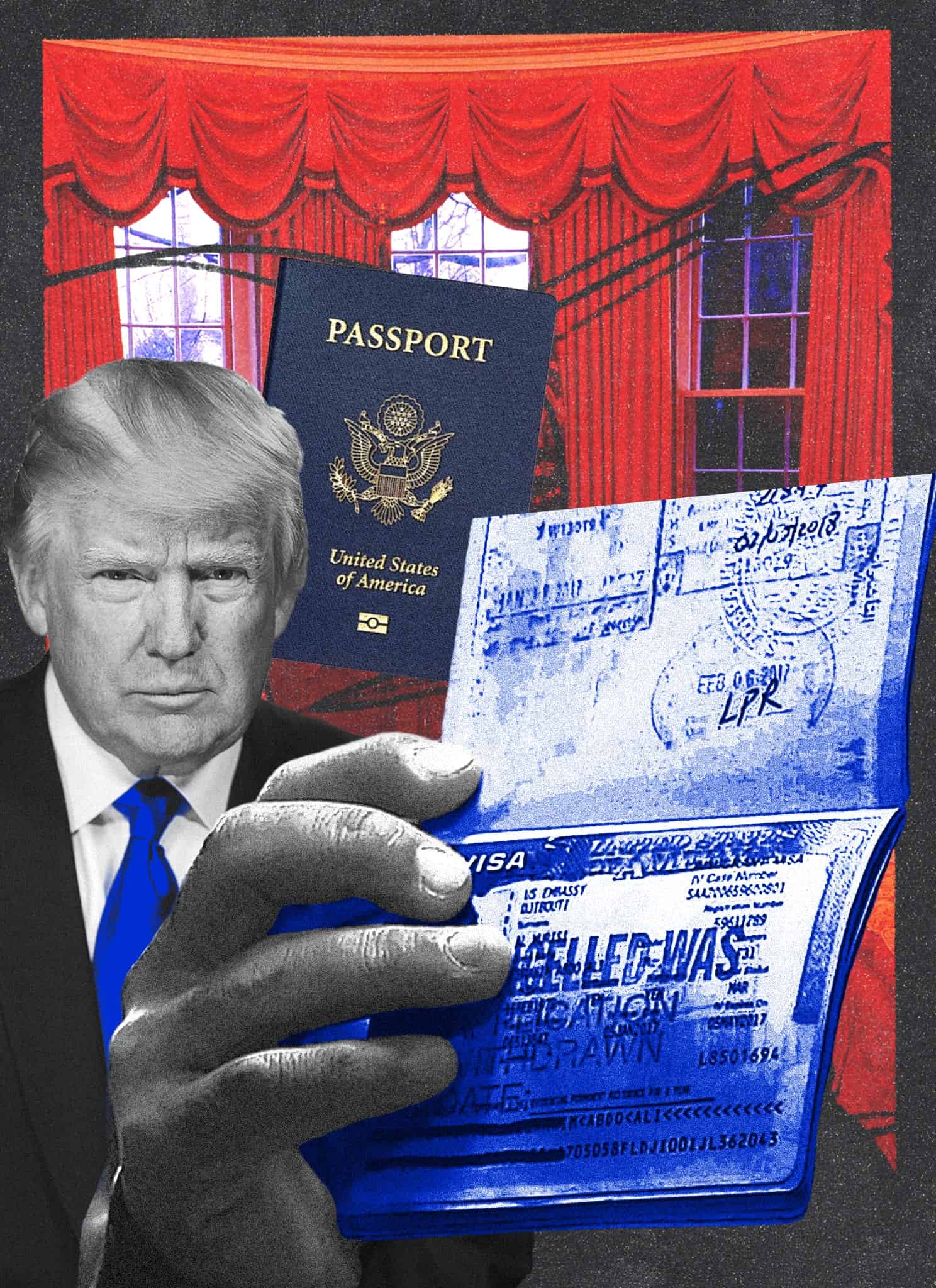 A collage shows a man in a suit, a U.S. passport, and a hand holding an open passport with visa stamps, set against a red and blue background resembling the Oval Office.
