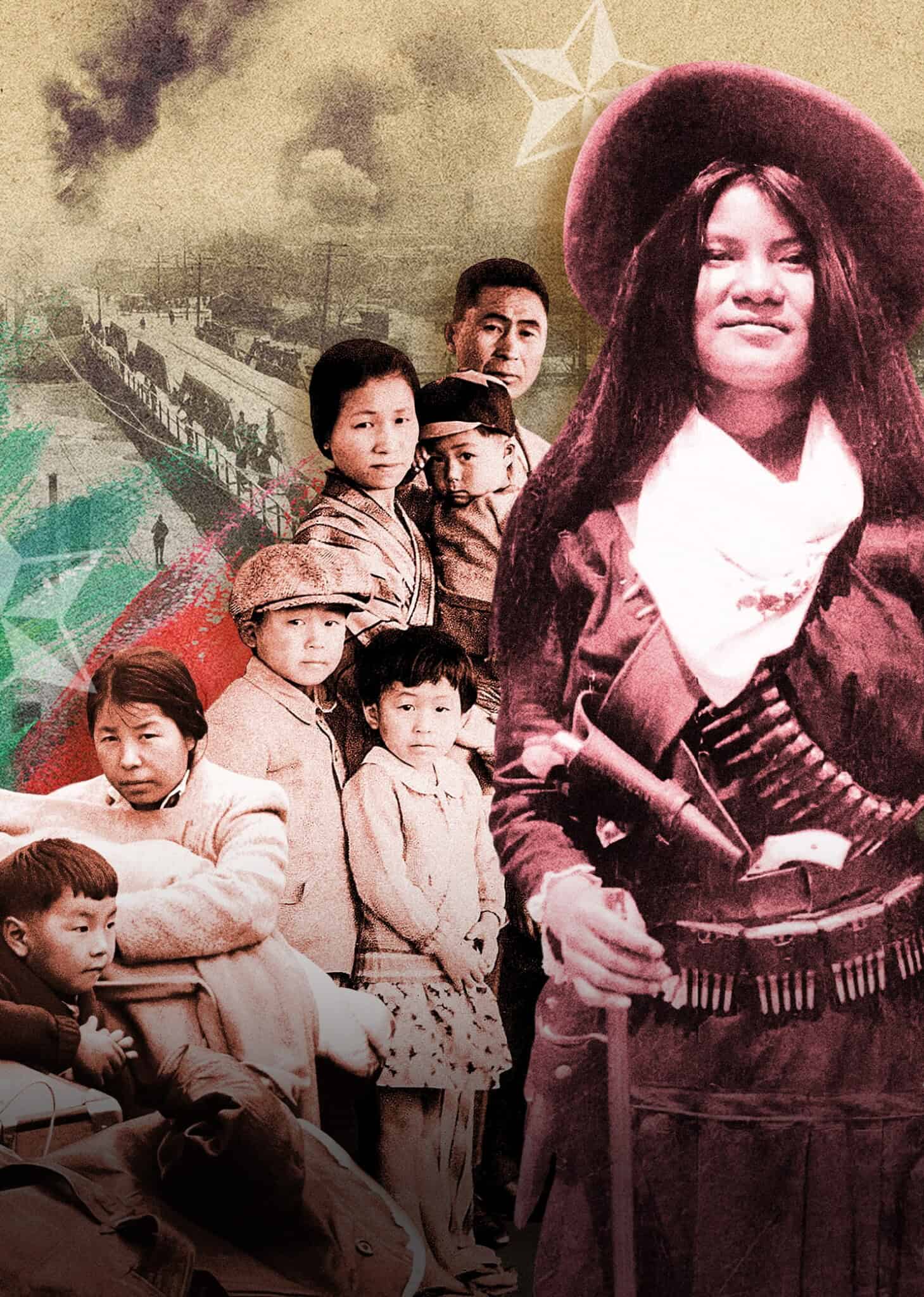 A young woman with a cowboy hat and ammunition belt stands confidently in front of a group of children and suitcases. Behind them is an old newspaper clipping and a smoky, industrial cityscape.