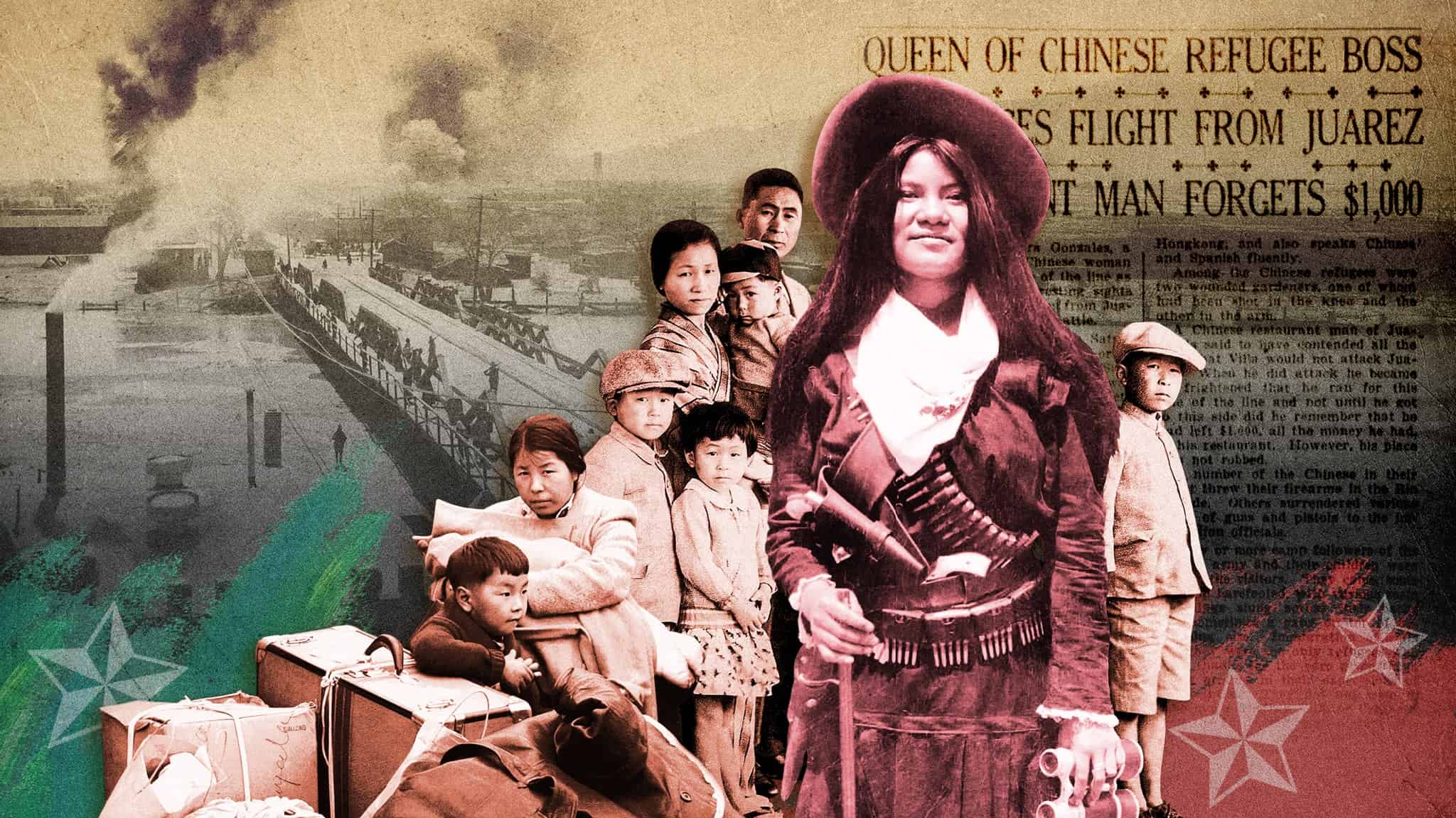 A young woman with a cowboy hat and ammunition belt stands confidently in front of a group of children and suitcases. Behind them is an old newspaper clipping and a smoky, industrial cityscape.