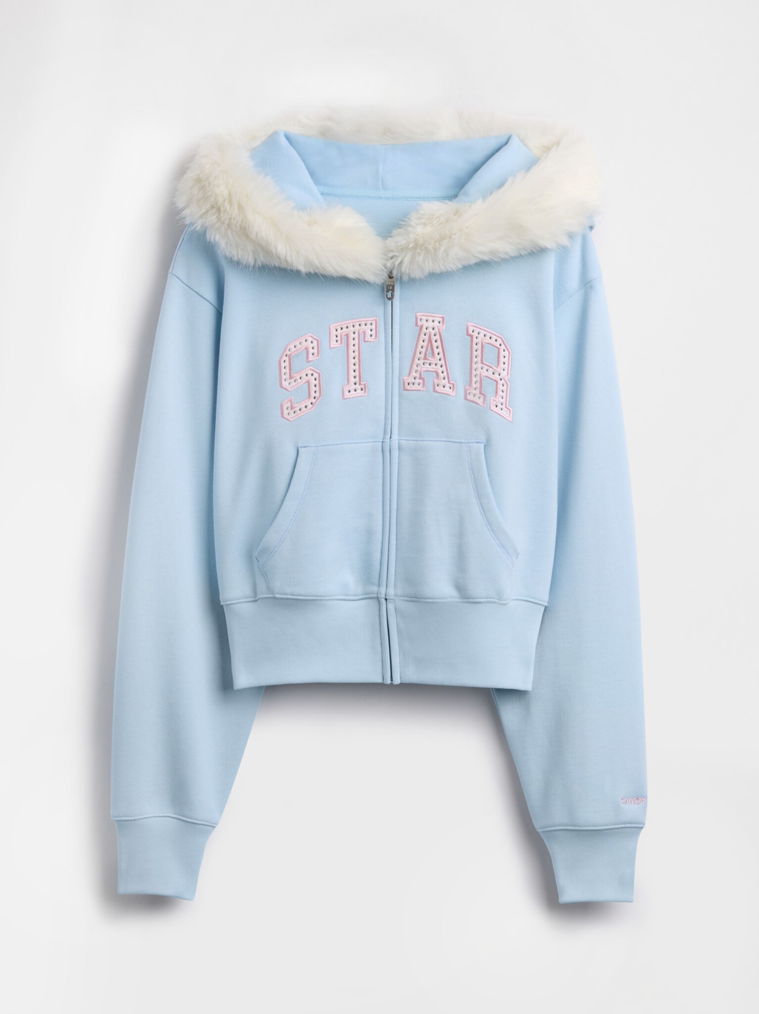 A light blue zip-up hoodie with a white faux fur-trimmed hood, front pockets, and STAR written in pink and white letters across the chest.