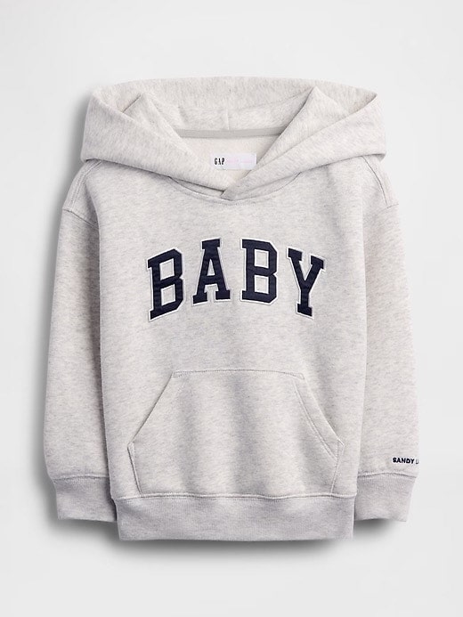 A light gray hooded sweatshirt with the word BABY in large, dark blue letters across the chest. The hoodie features a front kangaroo pocket and ribbed cuffs and hem.