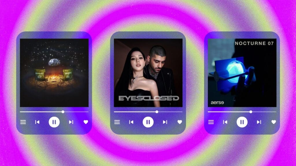 Three digital music players display albums with playback controls: a campfire scene, a man and woman labeled EYES CLOSED, and a glowing book titled NOCTURNE 07, against a neon purple and green spiral background.